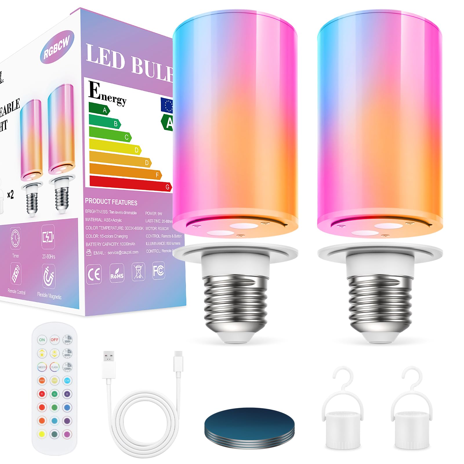 10000mAh Rechargeable Led Corn Light Bulb,Battery Operated Light Bulb with Remote Control, E26, 60W Equivalent, 800Lum, 3 Color Temperatures, 12 RGB, Emergency Lamp, 2PC