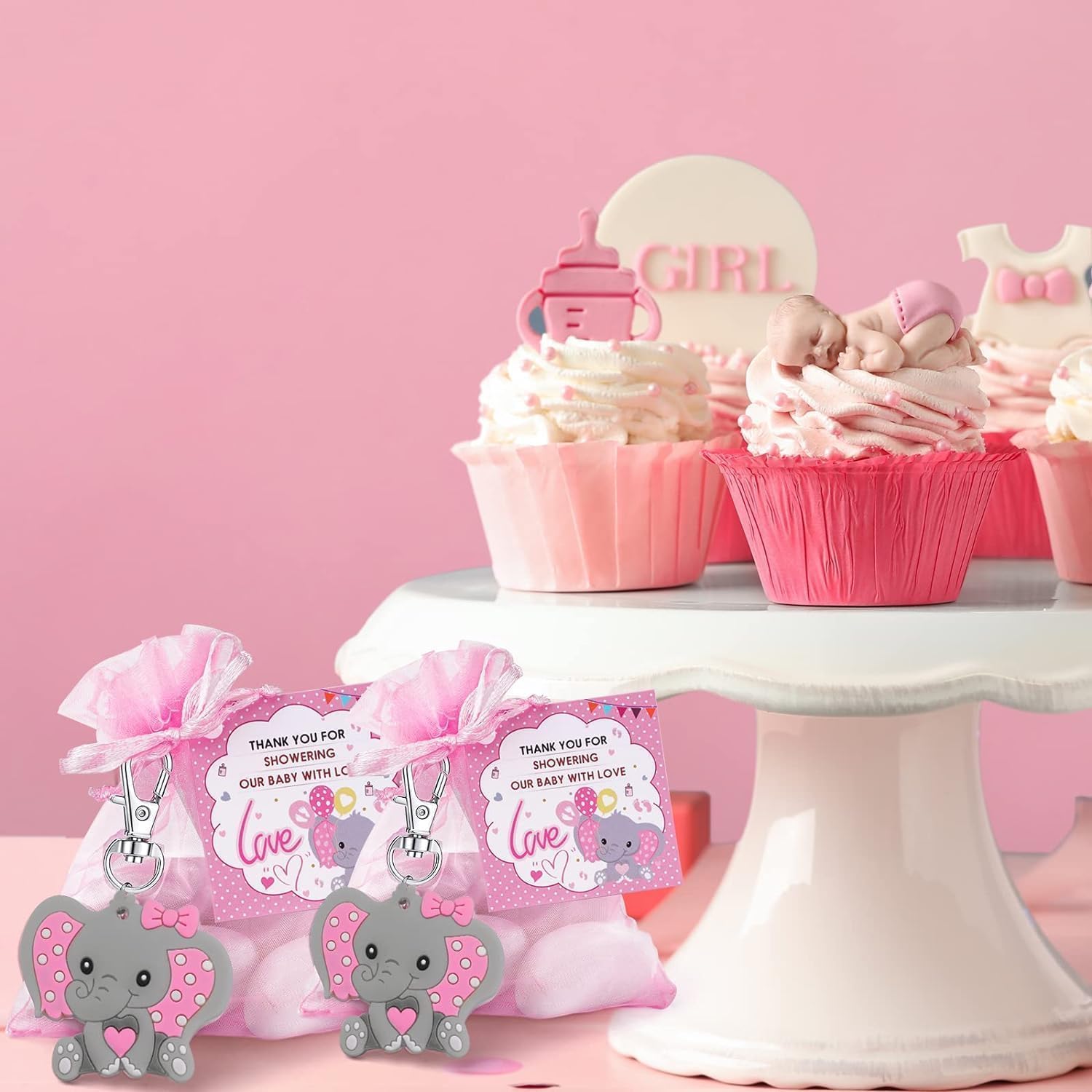 50 Sets Baptism Party Return Favors for Guests Pink Elephant Keychains Organza Bags and Thank You Kraft Tags for Elephant Theme Party Favors, Baptism Party Supplies