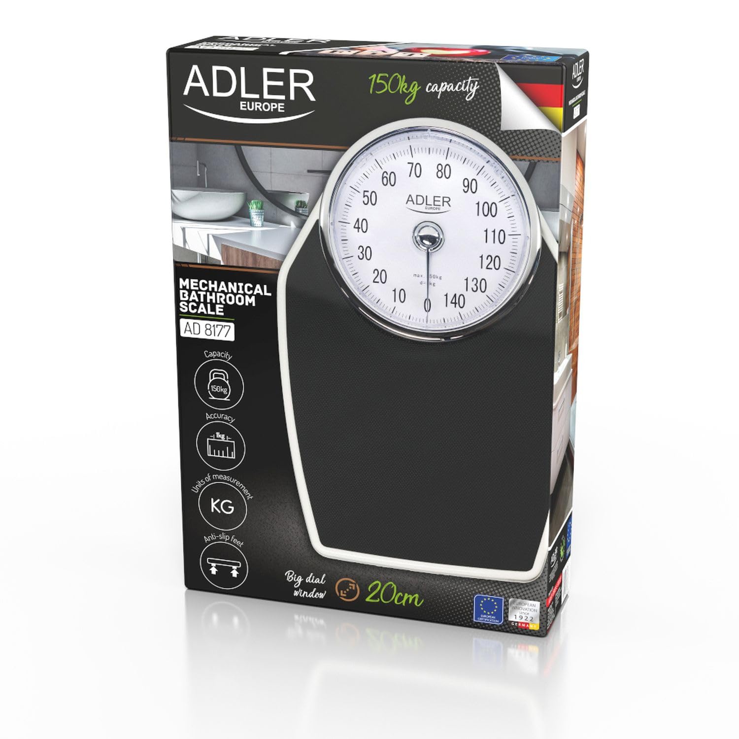 Adler AD8177 Báscula de Baño Analógica Mecánica, Profesional 150 Kg, Gran Precisión, Superficie Antideslizante, no Digital, Fácil de Usar, sin Pilas, Metal