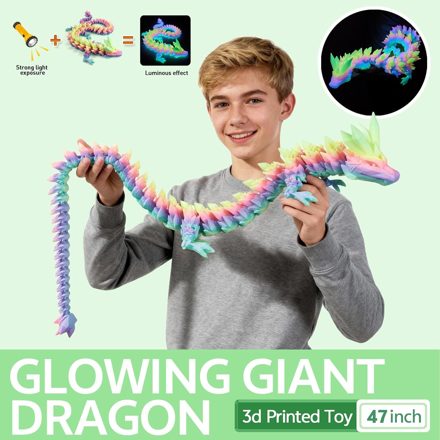 47 ”3D Printed Dragon Large 3D Dragon--Bigger Fidget Toy Gift for Kids, Boys, Girls & Adults,Cool Giant Crystal 3-D Printed Animals Desk Decor，easter basket essentials（47.5in Luminous Rainbow）