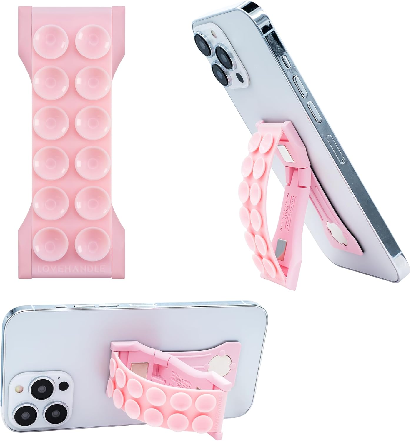 LOVEHANDLE PRO Premium Phone Grip - Suction Strap - Strong Grip Holder - Hands Free - Magnetic Phone Mount and Kickstand for Smartphone and Tablet – Light Pink Suction