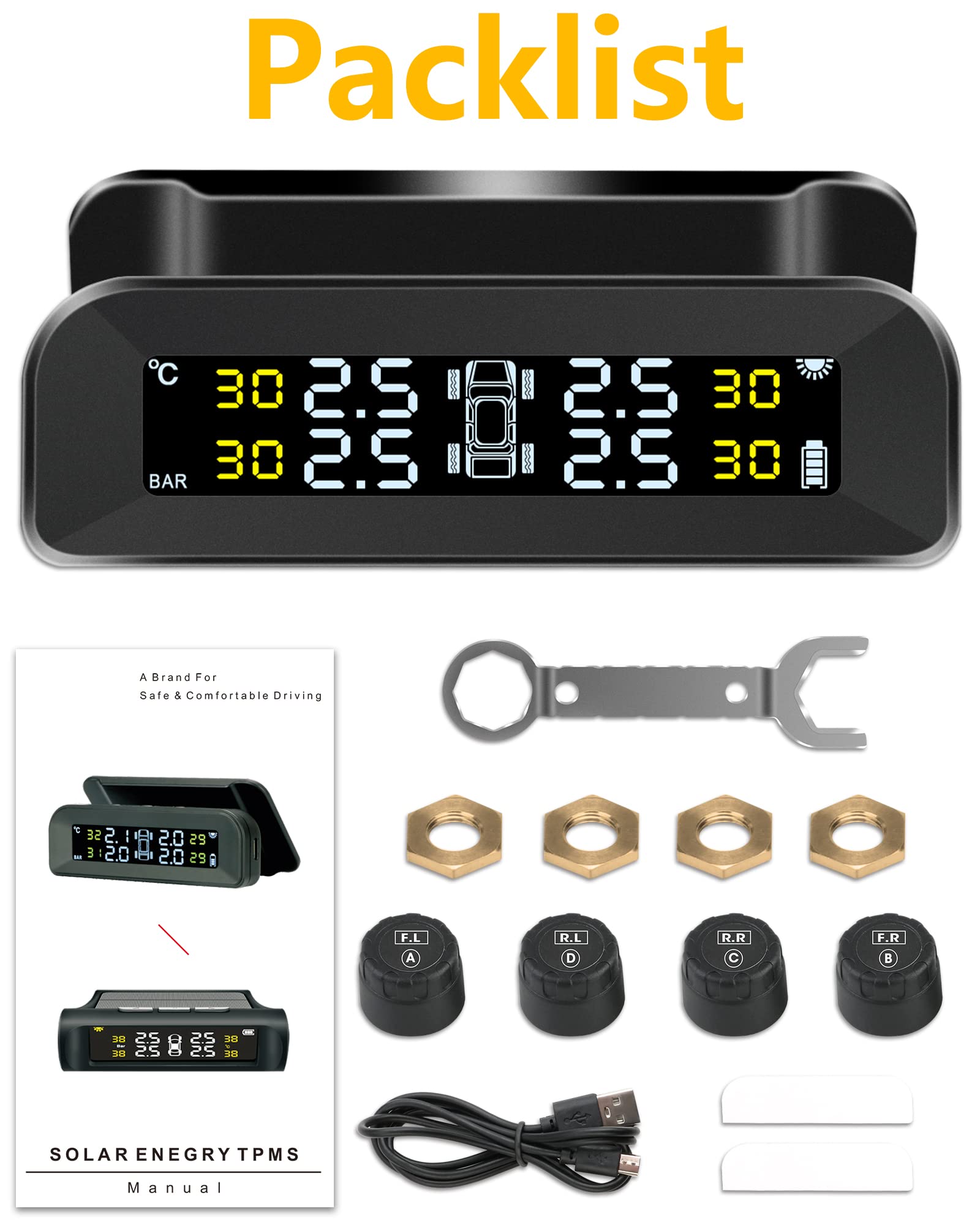 Sistema di Controllo della Pressione degli Pneumatici Solare Wireless TPMS Rilevamento in Tempo Reale Sistema di Monitoraggio della Pressione dei Pneumatici con 4 Sensori Pressione Pneumatici per Auto