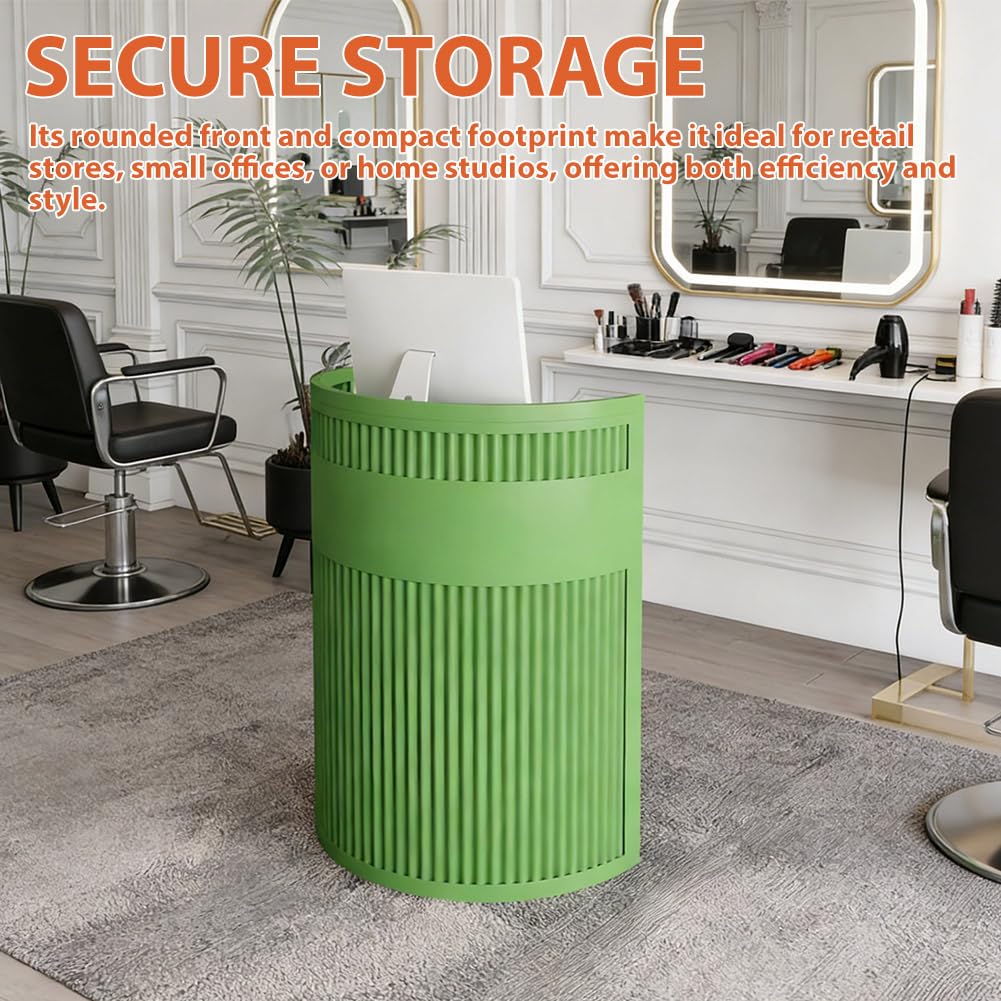 Moderno escritorio de recepción semicircular con cajones con cerradura, mesa de bienvenida de acero al carbono para oficinas, hogares y salones, elegante recepción de banco rosa