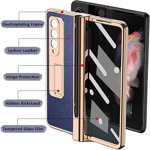 Miniatura 2 de Miimall Funda compatible con Samsung Galaxy Z Fold 3 con soporte para bolígrafo, patrón de cuero, protector de pantalla de vidrio templado+bisagra