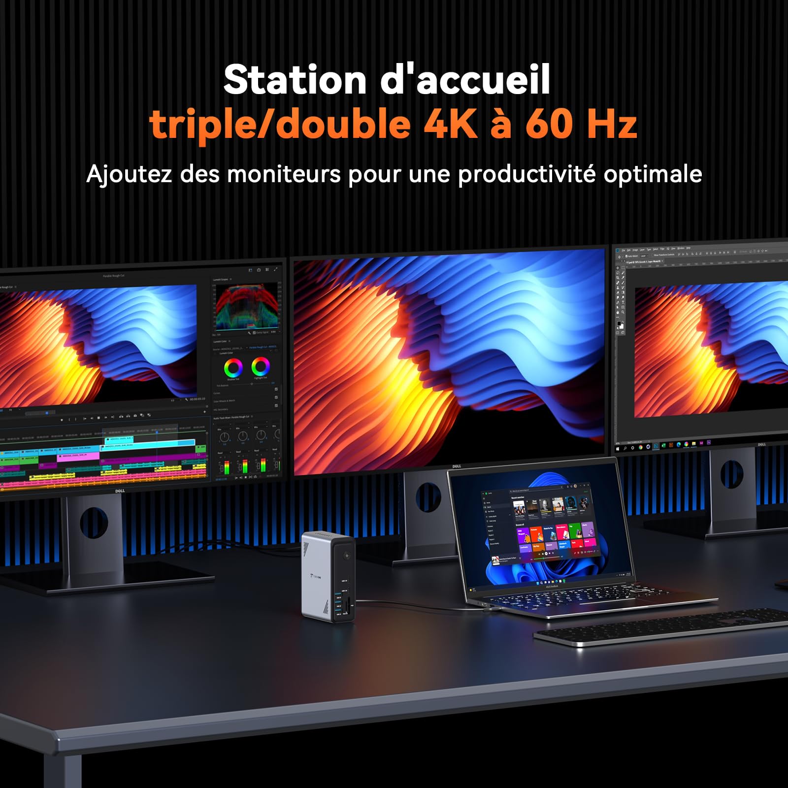 TobenONE Station d'accueil pour ordinateur portable 18 en 1 avec 3 moniteurs, triple écran 4K, 3 ports HDMI, 9 ports USB, Gigabit Ethernet, PD3.0, pour ordinateurs portables Windows/Dell/Lenovo/HP