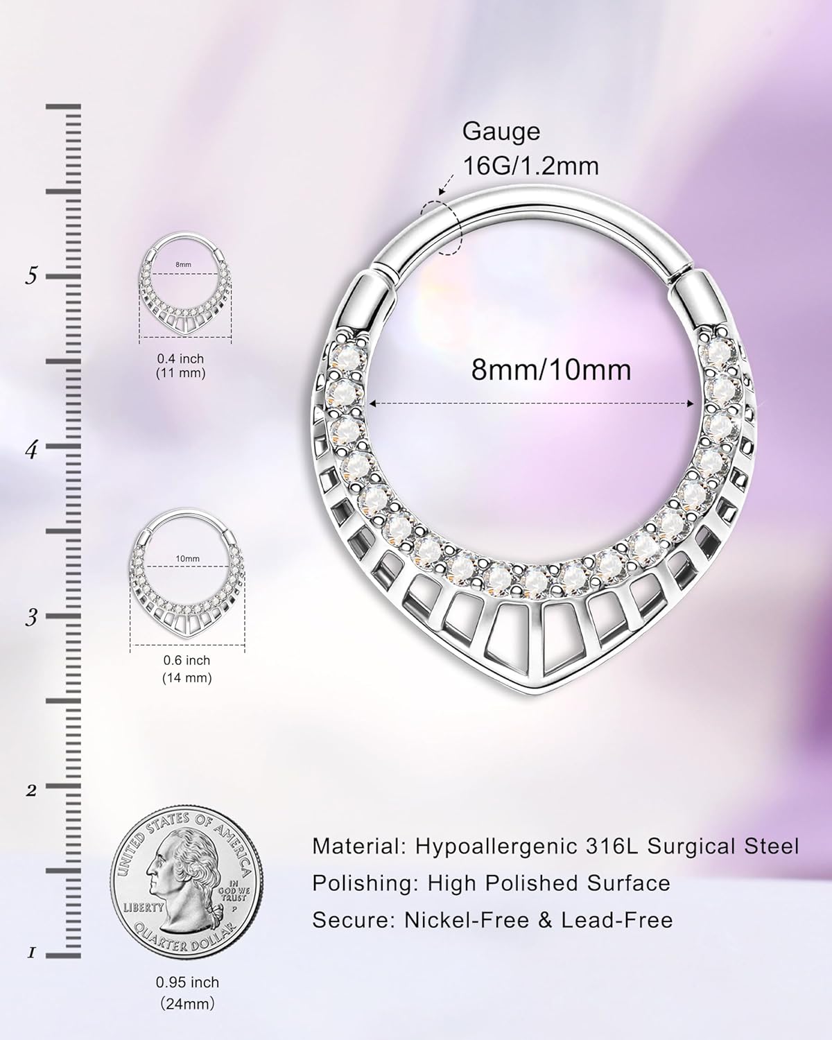 Jewseen 16G Teardrop Septum Ring 316L Surgical Steel Septum Piercing Jewelry Hinged Clicker V-Shaped Nose Rings for Women 8MM 10MM Daith Piercing Jewelry 316L Stainless Steel Daith Earring for Women - Image 4