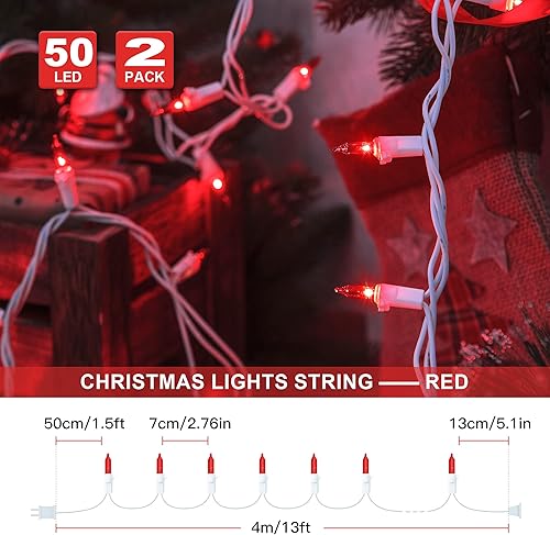 Miniatura 2 de hopolon Paquete de 2 50 luces rojas de Navidad con cable blanco, cadena de luces de 13 pies para el día de San Valentín, árbol de Navidad, fiesta de