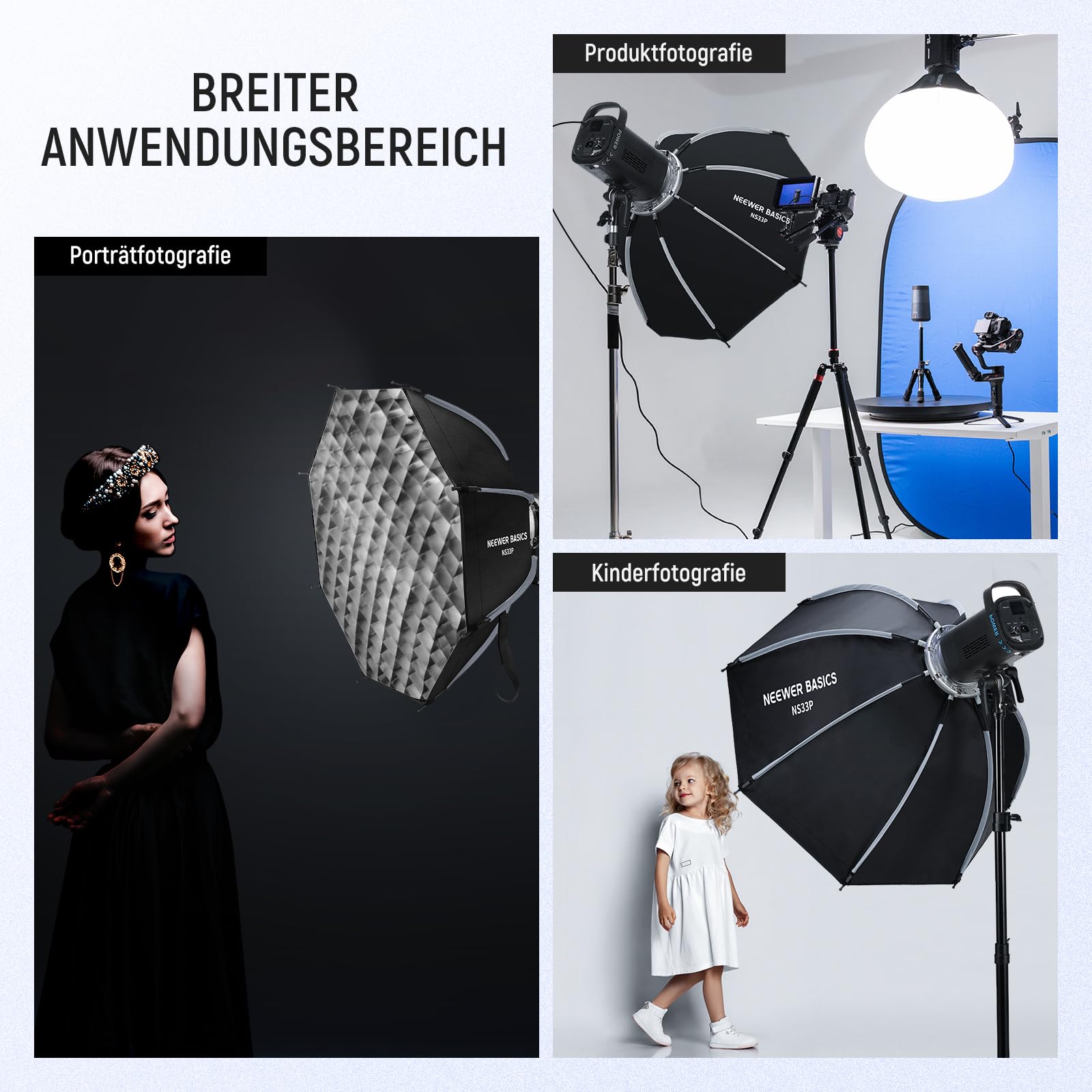 NEEWER Basics Achteckige Softbox Set für Studio Videoaufzeichnung Streaming, 25.6"/65cm Schnellspanner Bowens Mount Soft Box/Grid/Licht Diffusoren für Dauerlicht & Strobe Blitz, NS33P
