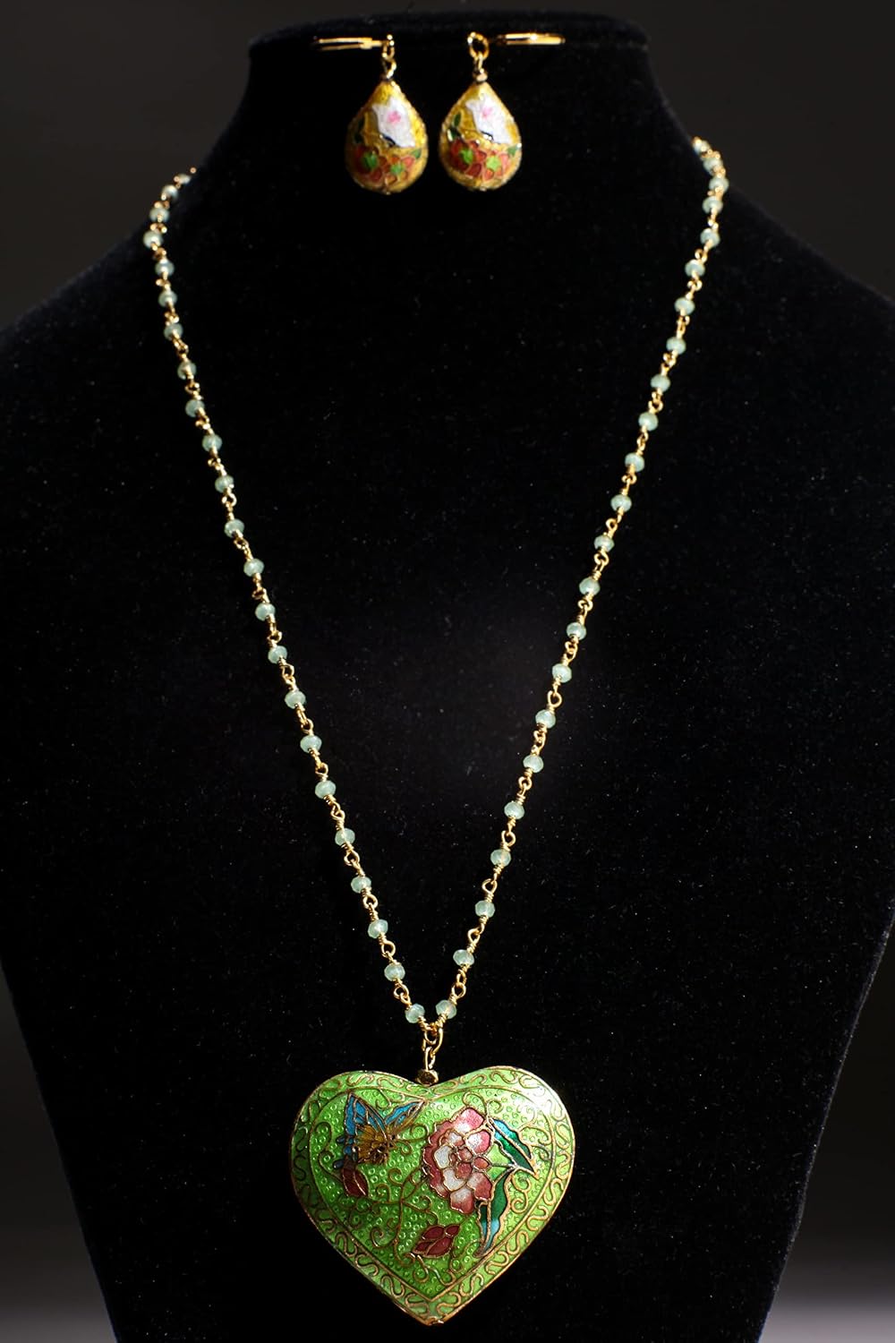 Traditional Cloisonné Pendant Vintage Floral Flowers Revisable Focal, Gold Plated Beaded Chain Necklace 20" matching Leverback Earrings set