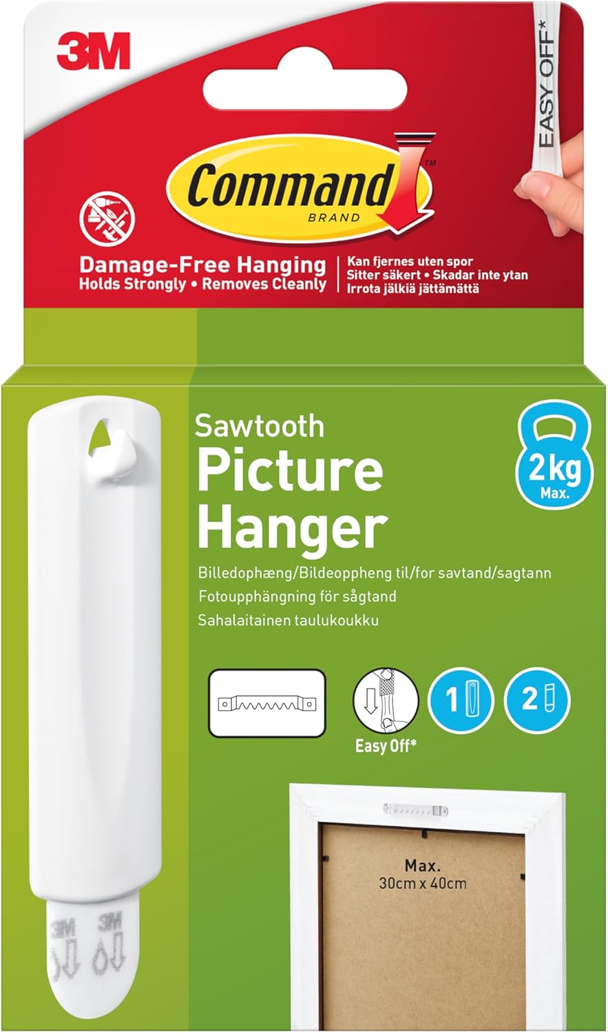 Command Sawtooth Picture Hangers, Damage Free Hanging Frame Hangers, No Tools Wall Hooks for Hanging Sawtooth Frames in Living Spaces, 1 White Picture Frame Hanger and 2 Command Strips