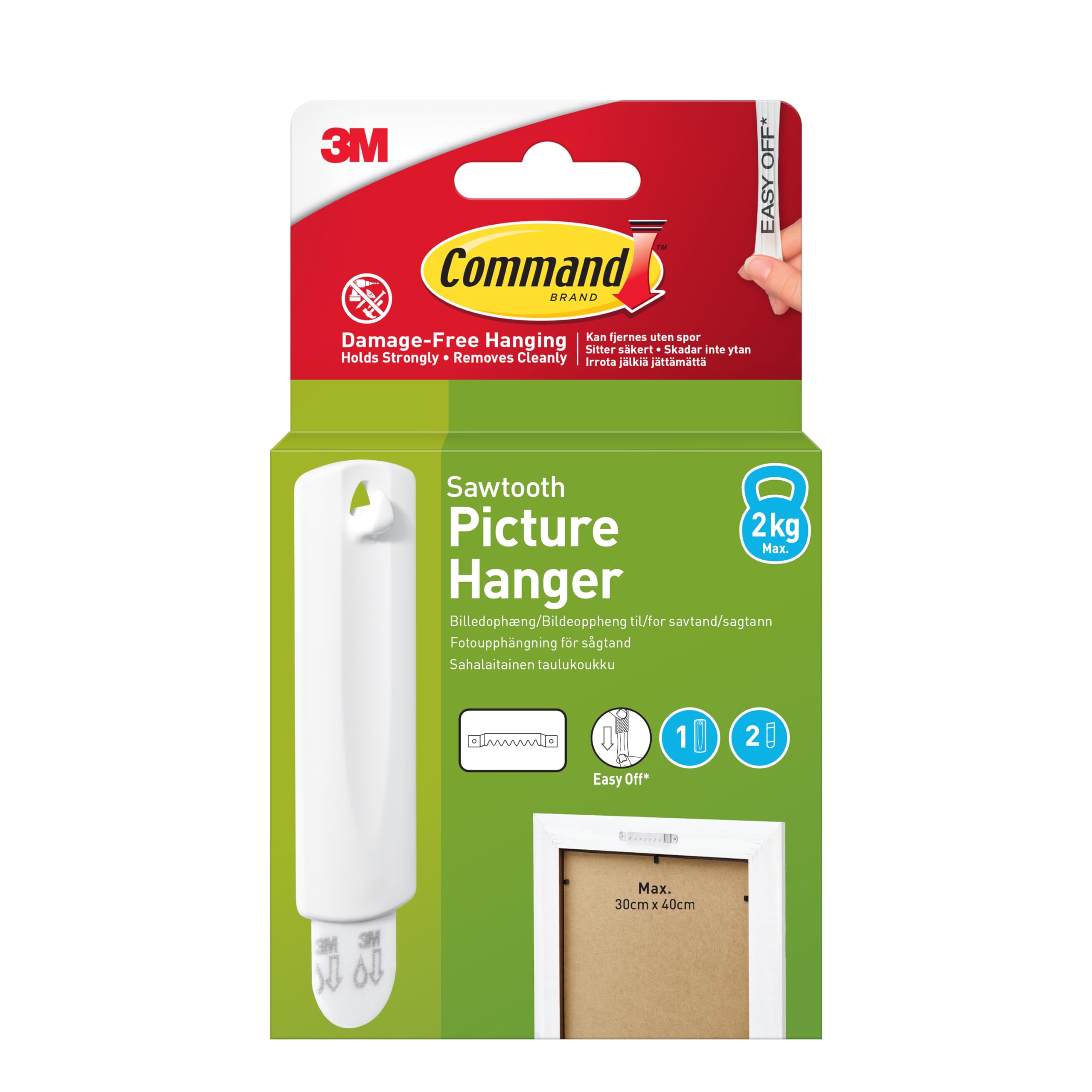 Command Sawtooth Large Picture Hanger White color, 1 hook + 2 strips/pack | Holds 2 kg each hook | Organize | Decoration | No Tools | Holds Strongly | Damage-Free Hanging
