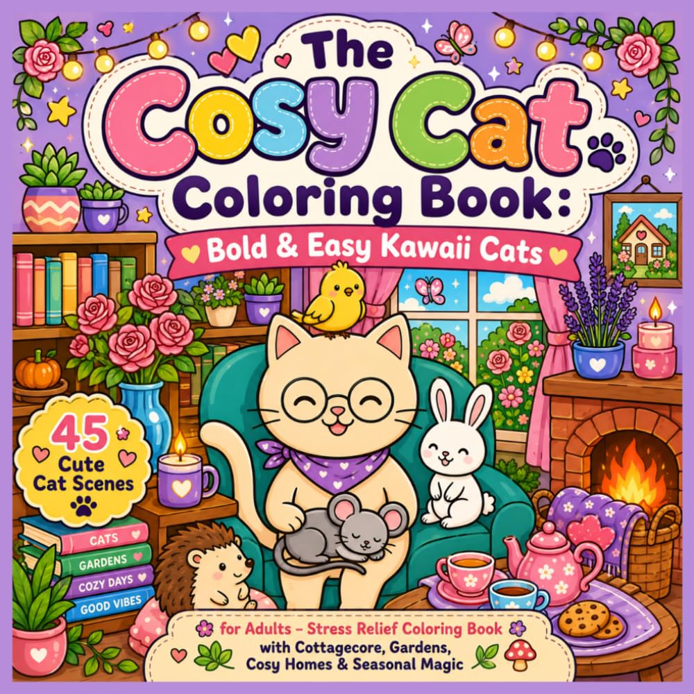 The Cosy Cat Coloring Book: Bold & Easy Kawaii Cats: 45 Cute Cat Scenes for Adults - Stress Relief Coloring Book with Cottagecore, Gardens, Cosy Homes & Seasonal Magic