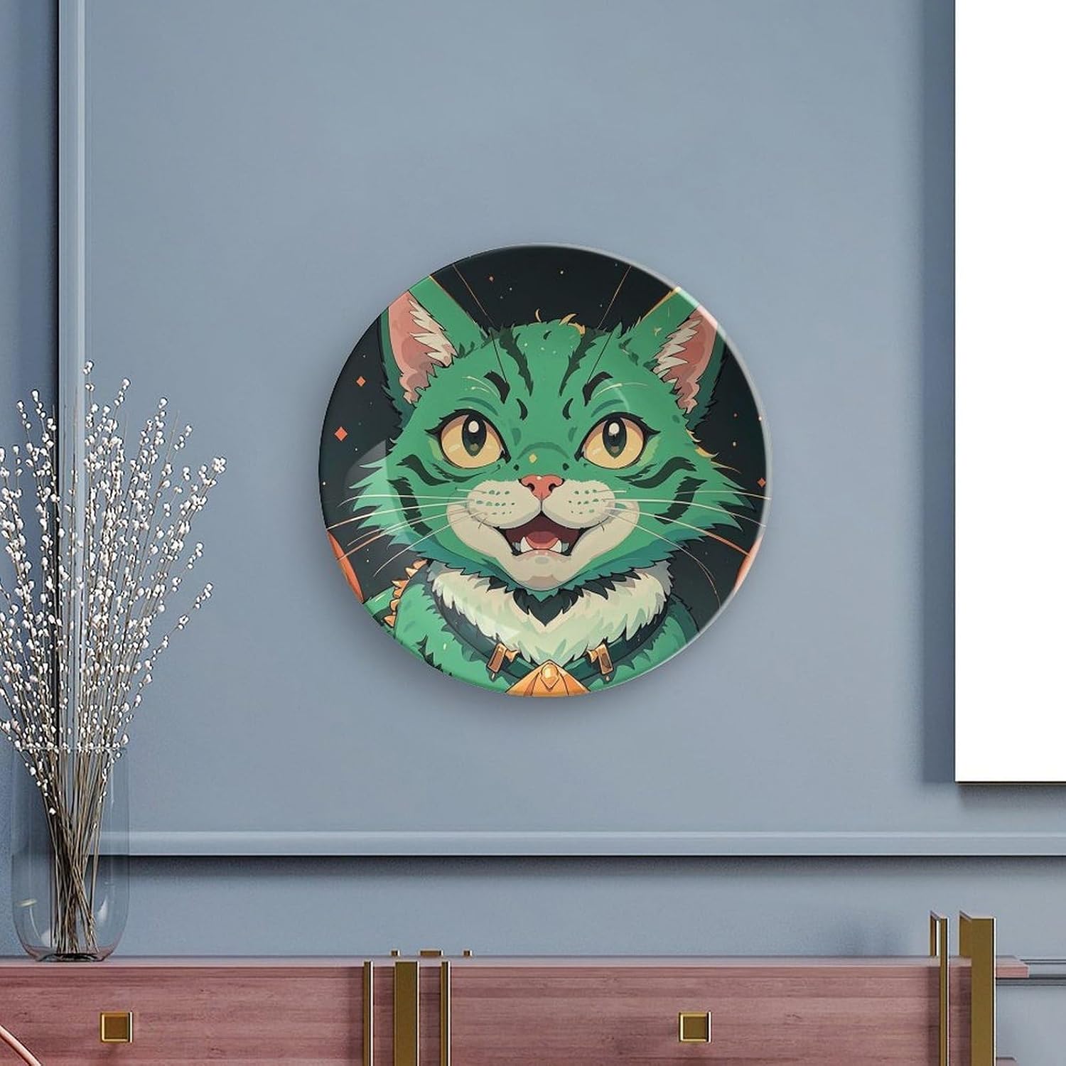 Bone China Decorative Plate for Wall, Personalized Anime Green Cat Plates with Display Stand, Chinese Style Decorative Dish 7inch for Living Room, Hallway, Table Decor image 5