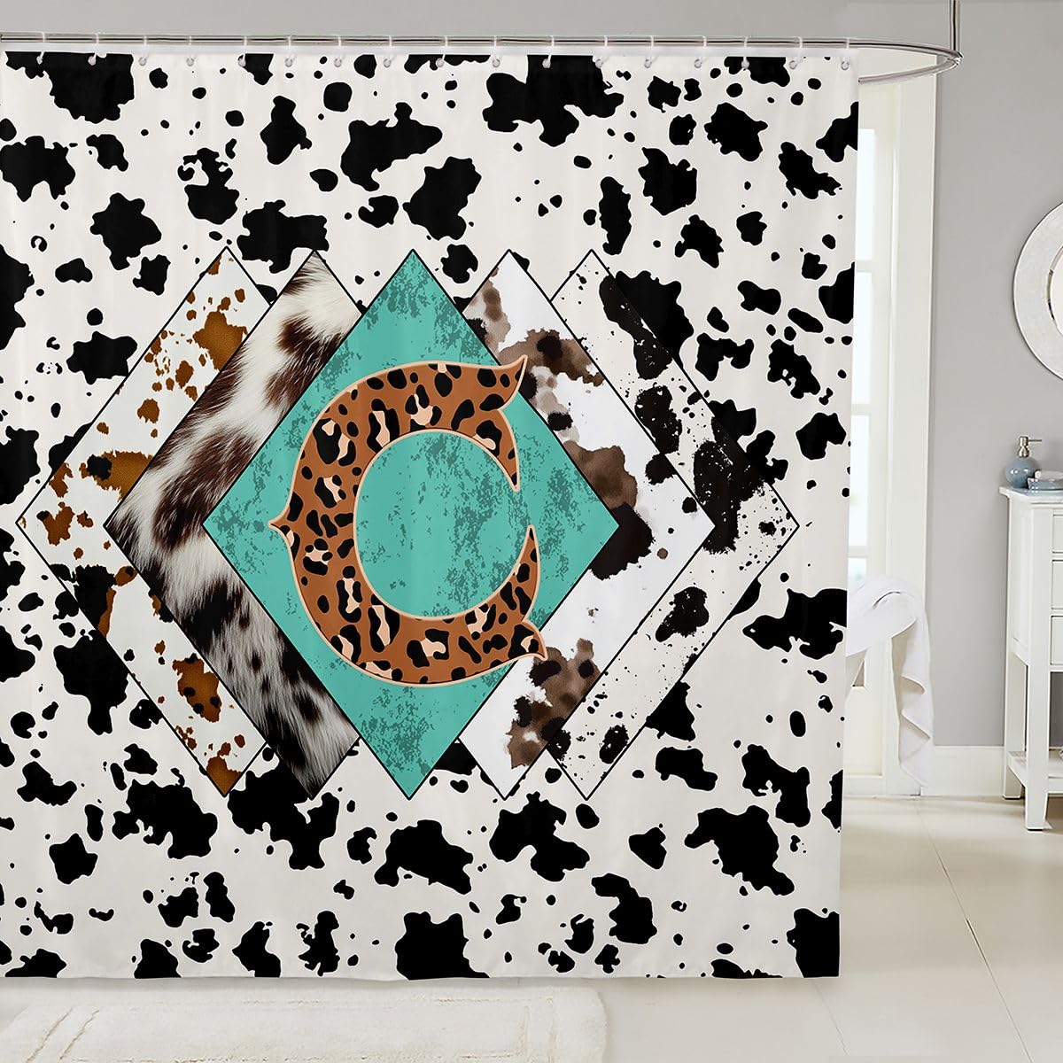 Rideau de douche lettre C taille L léopard monogramme alphabet imprimé cuir de vache rideau de bain pour adultes style rustique rustique rideaux de bain imperméables avec 12 crochets pour baignoire