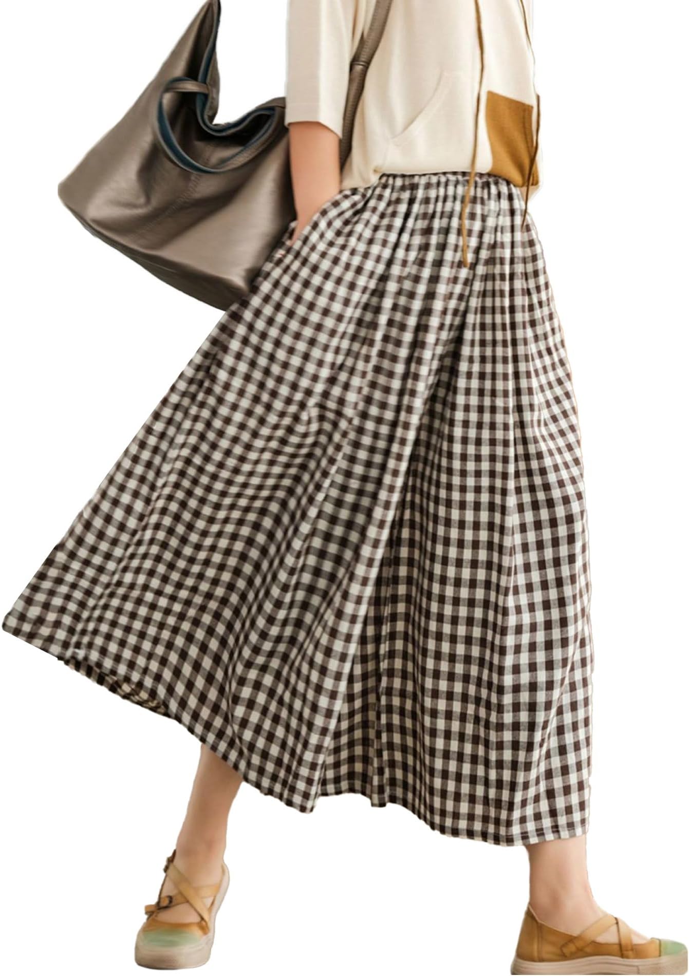 Women's Summer Cotton Linen Wide Leg Culottes Pants Elastic Waist Plaid Gingham Capri Palazzo Pants
