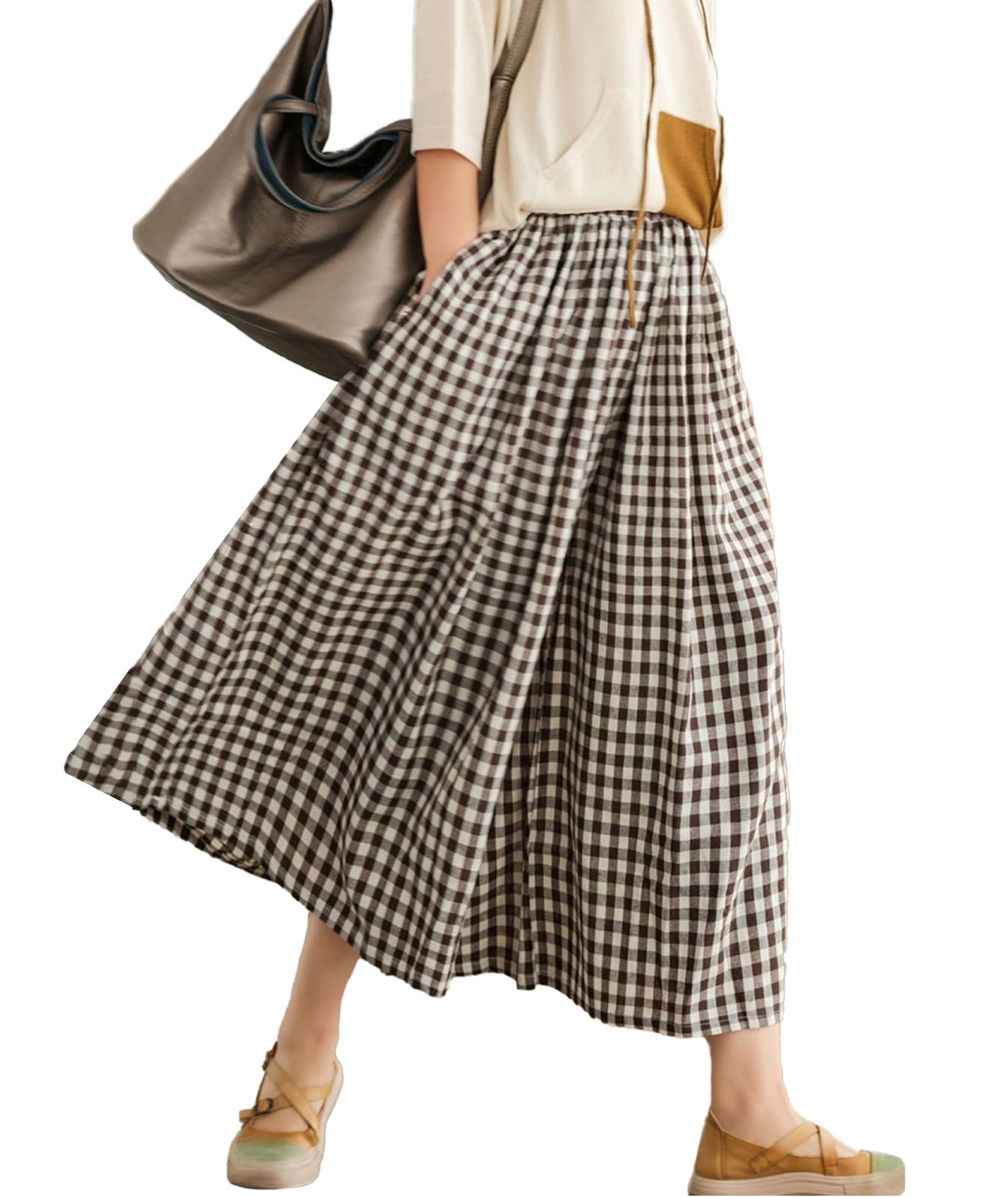 SOMTHRON Womens Summer Cotton Linen Wide Leg Culottes Pants Elastic Waist Plaid Gingham Capri Palazzo Pants