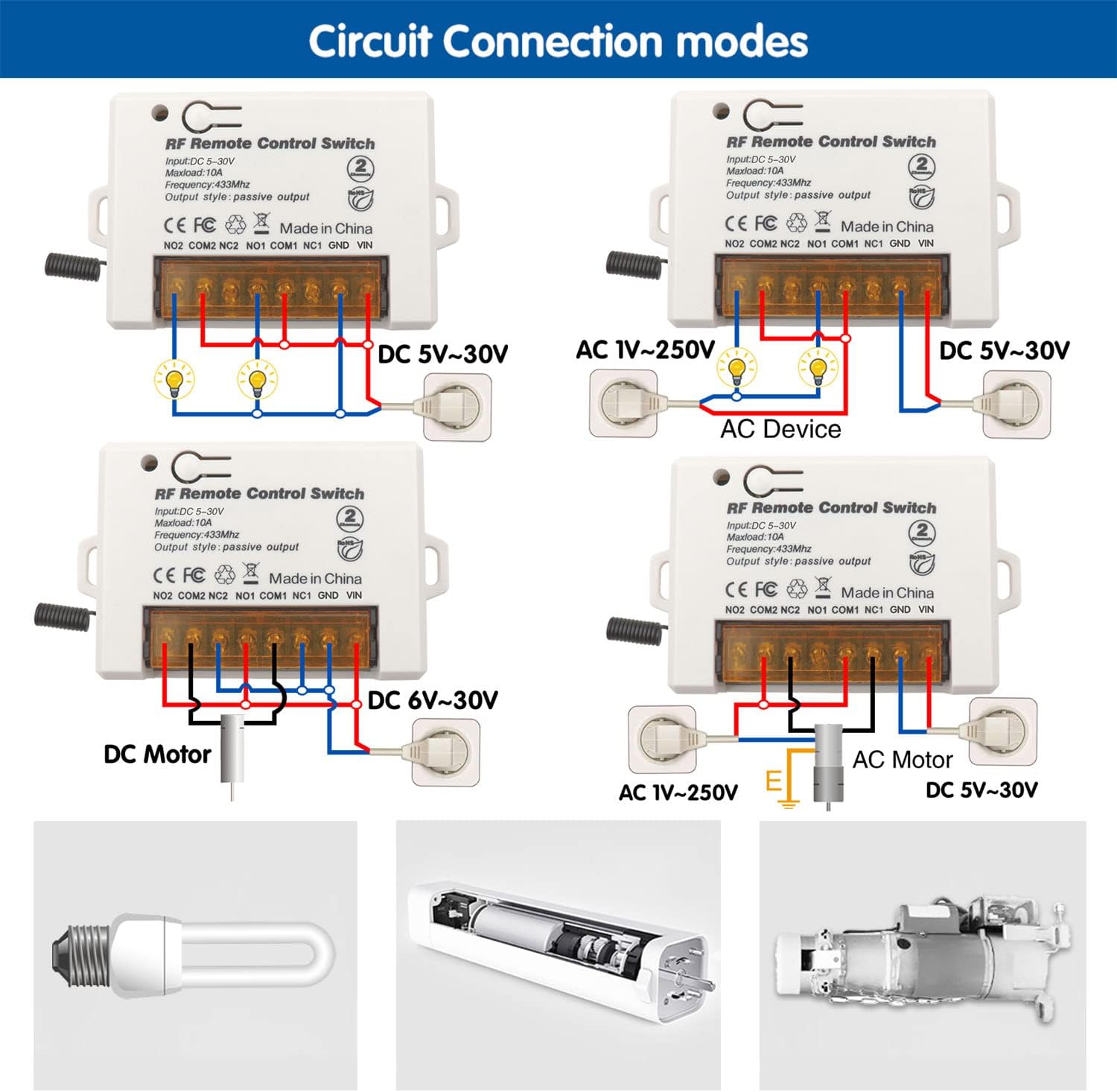 Four different circuit connection diagrams for the DieseRC relay switch, showing connections for DC lights, AC devices, DC motors, and AC motors.