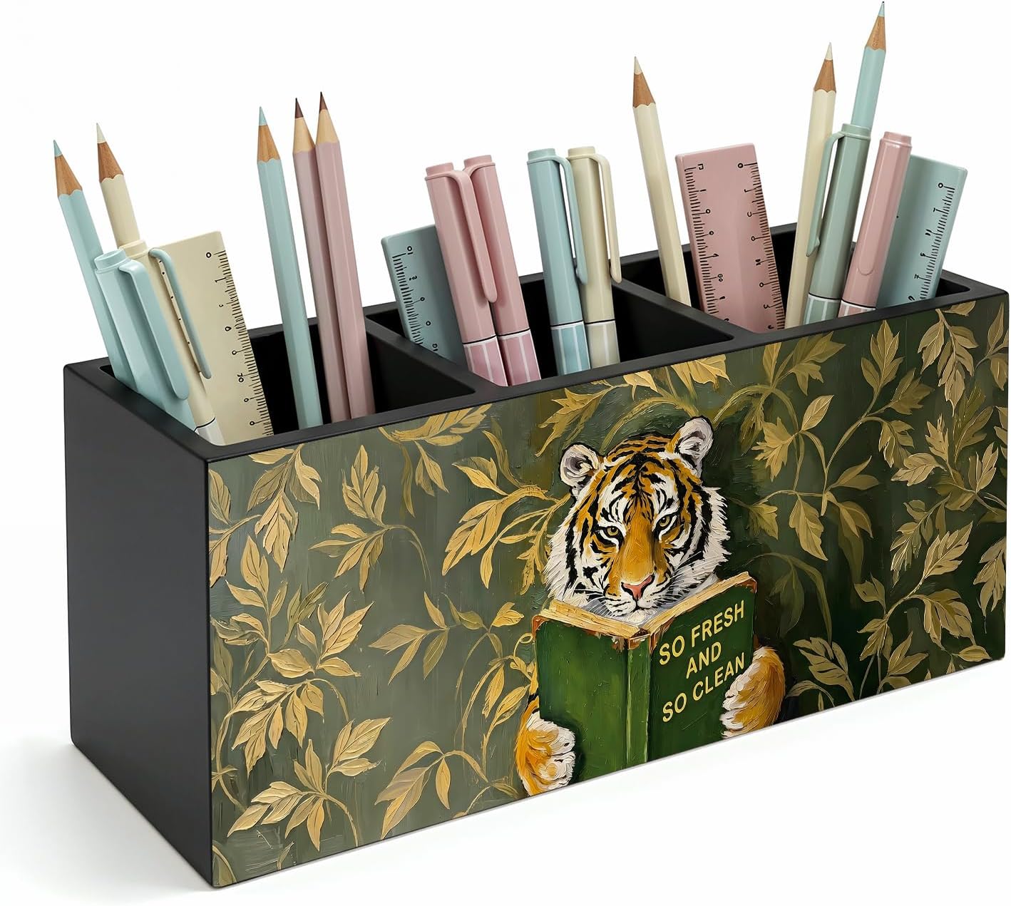 Vintage Tiger Wooden Toothbrush Holder for Bathroom Desk