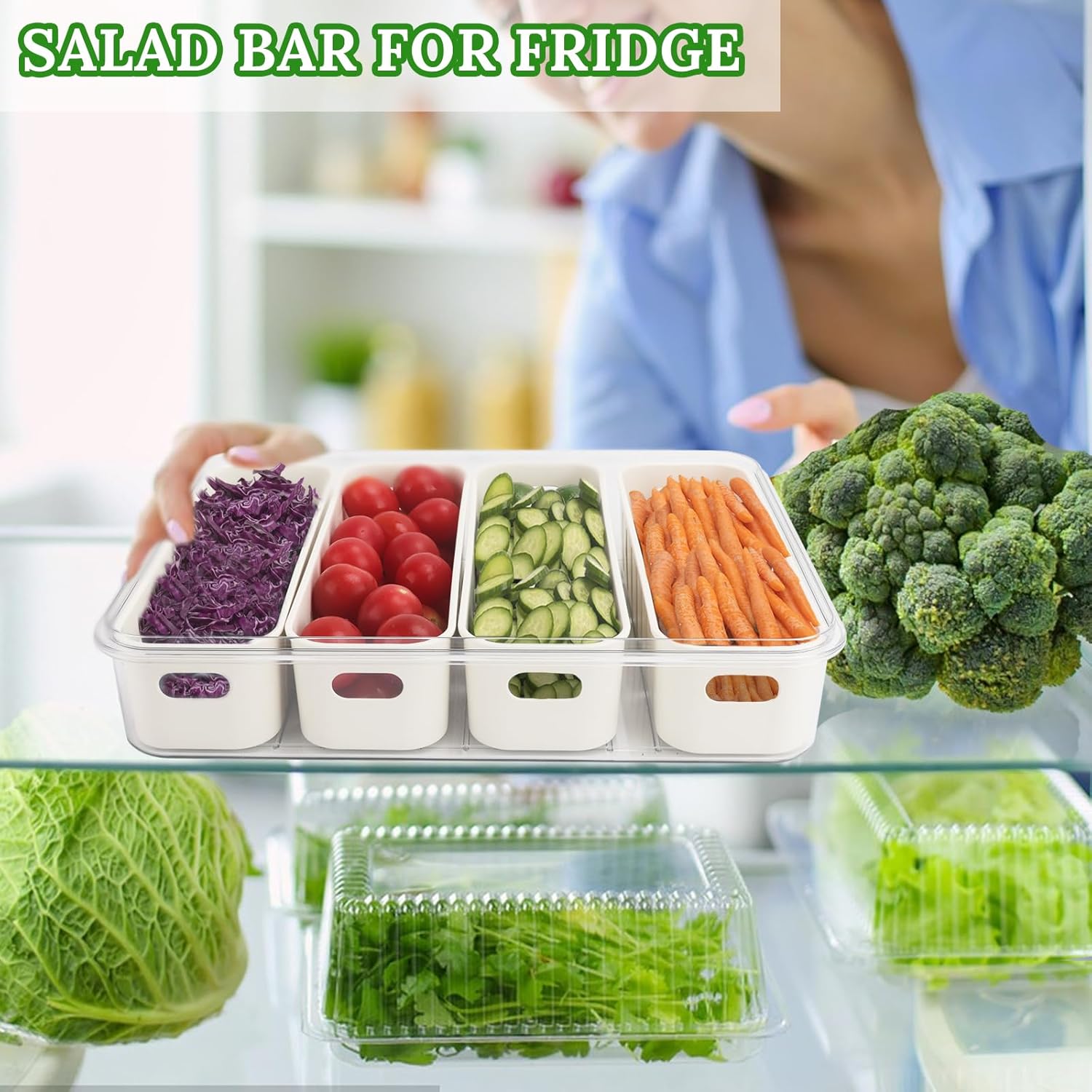 Salad Bar Containers for Fridge with Lid and Handle, Fruit Storage Containers with 4 Removable Colanders, Berry Box Fresh Produce Saver for Fruit, Veggie, Refrigerator, Kitchen, Picnic, 2 Pack - Image 3