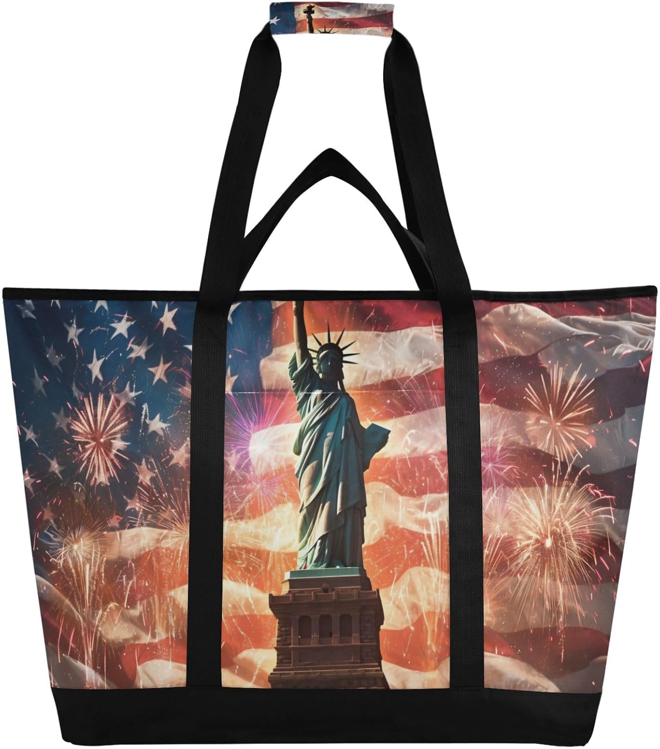 Statue Liberty Fireworks Large Insulated Reusable Tote Bag for Grocery Shopping for Women Men, Cooler Bag with Zippered Top & Handles for Travel Beach Picnic