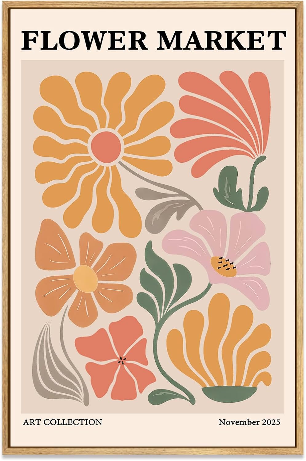 Yihaca Boho Flower Canvas Wall Art Abstract Floral Pictures Prints Minimalist Botanical Painting Flower Market Aesthetic Wall Decor for Living room Bedroom 12"x16" Natural Framed