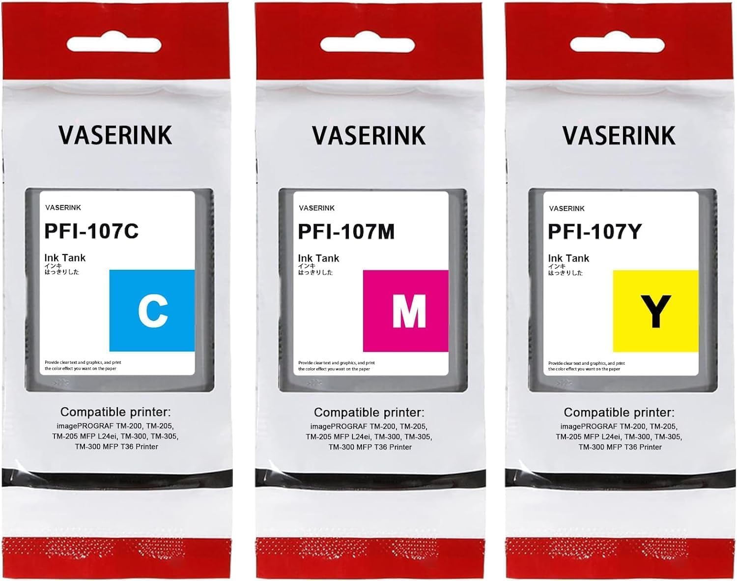 PFI-107 130-ml Ink Tank Set(3-Pack, 1Cyan, 1Magenta, 1Yellow) VASRINK Compatible PFI-107C PFI-107M PFI-107Y Replacement for Canon iPF680 685 780 785 Printer
