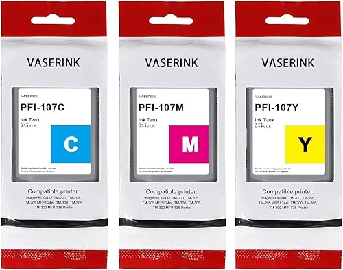 PFI-107 - Juego de tanques de tinta de 4.4 fl oz (paquete de 3, 1 cian, 1 magenta, 1 amarillo) VASRINK compatible con PFI-107C PFI-107M PFI-107Y