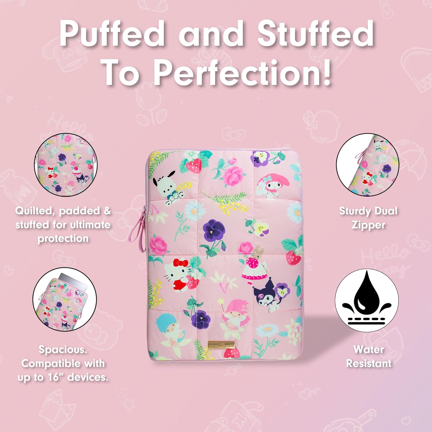 Sonix x Sanrio | Puffy Laptop Sleeve | 15-16 Inch, Quilted Pillow Puffer Laptop Carrying Case, Computer Sleeve | Hello Kitty & Friends Floral - Image 5
