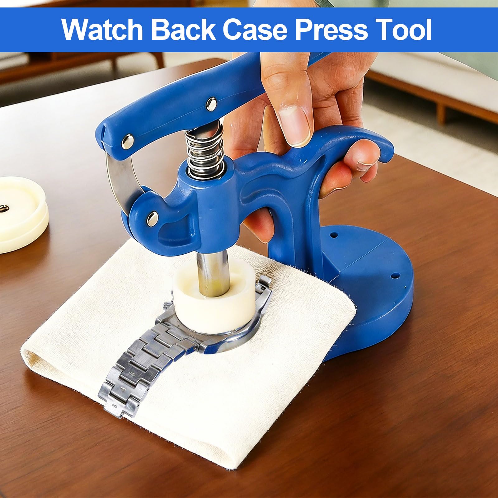 Watch Press Tool, Case Pressing Machine, Nylon Plastic Case Pressing Machine, Watch Back Cover Pressing Machine Application: Watch Repair, Pressing Watch Case Backs Includes 12 Adapters 5-50mm (Blue) — view 3