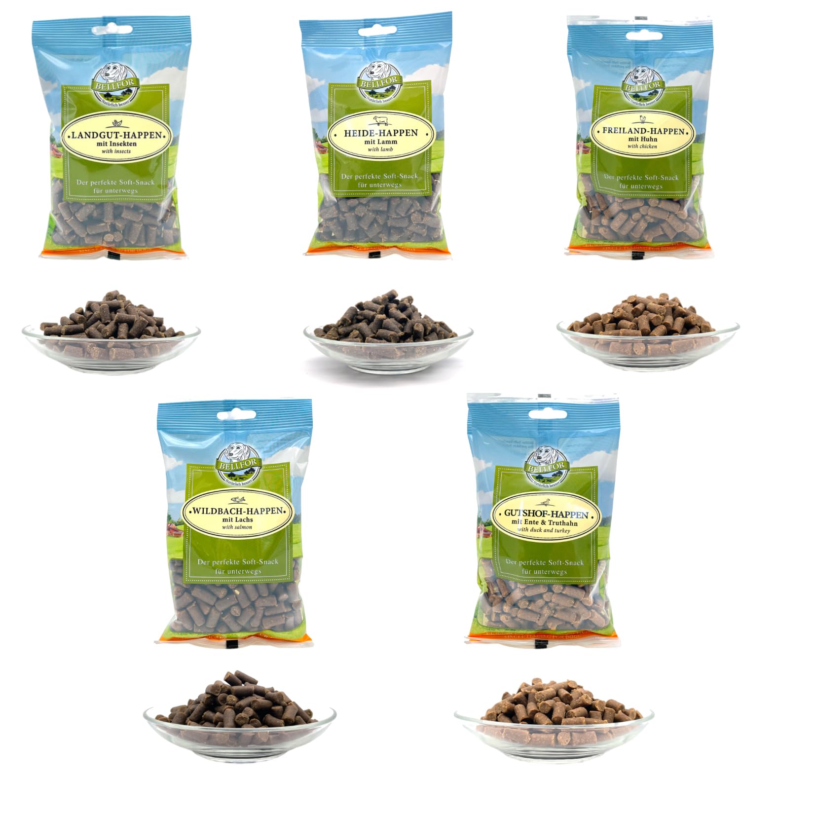 Bellfor Soft-Snacks Friandises Chien Sans Céréales – Lot 5 X 200g – Sans Sucre, Riches En Viande – Volaille, Agneau, Saumon, Insectes, Mix Ferme