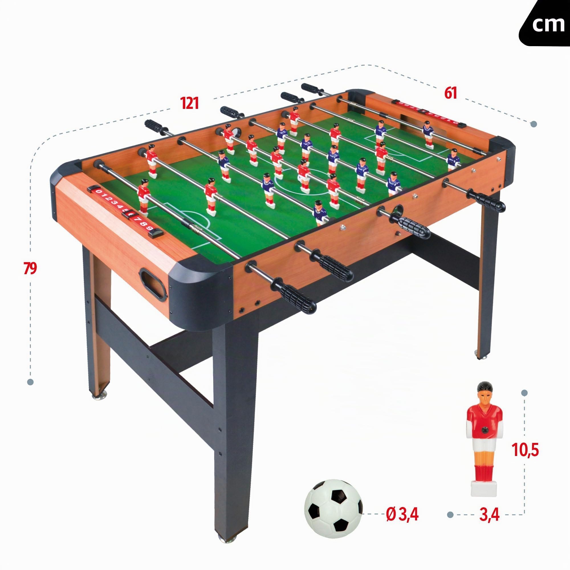 ColorBaby CB Games 85334 Baby-Foot en Bois résistant, 20 Joueurs, avec marqueurs manuels, pour 2 à 4 Personnes, 121 x 61 x 79 cm, Baby-Foot pour Enfants, Jouets 6 Ans