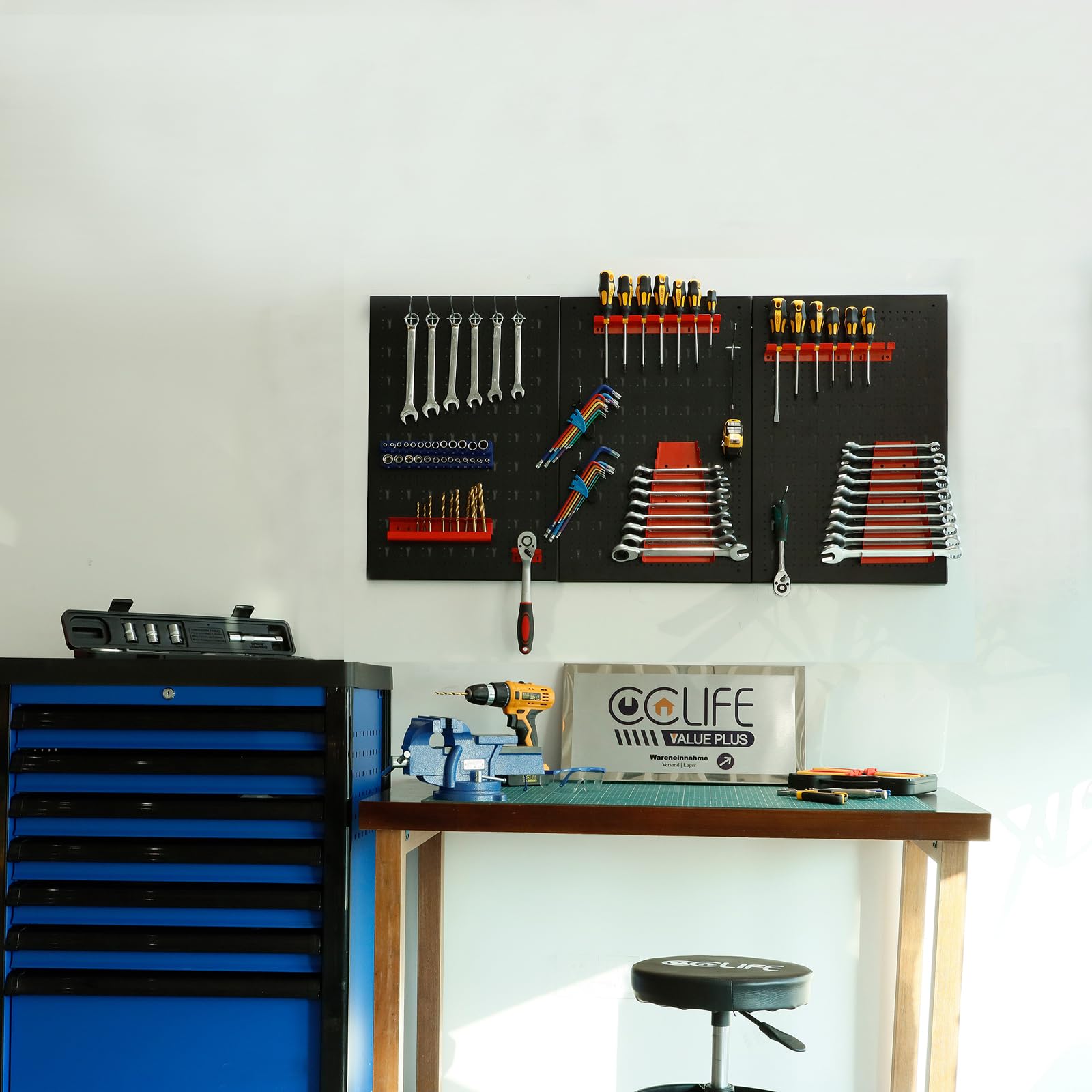 CCLIFE Estantería de bricolaje para pared para herramientas 3 piezas con 25 Soportes Panel perforado para Taller 120 x 60 x 2 cm