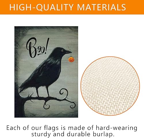 Miniatura 3 de Bandera de jardín de Halloween Boo, banderas de bienvenida de cuervo de Halloween, banderas de bienvenida de doble cara de arpillera vertical para