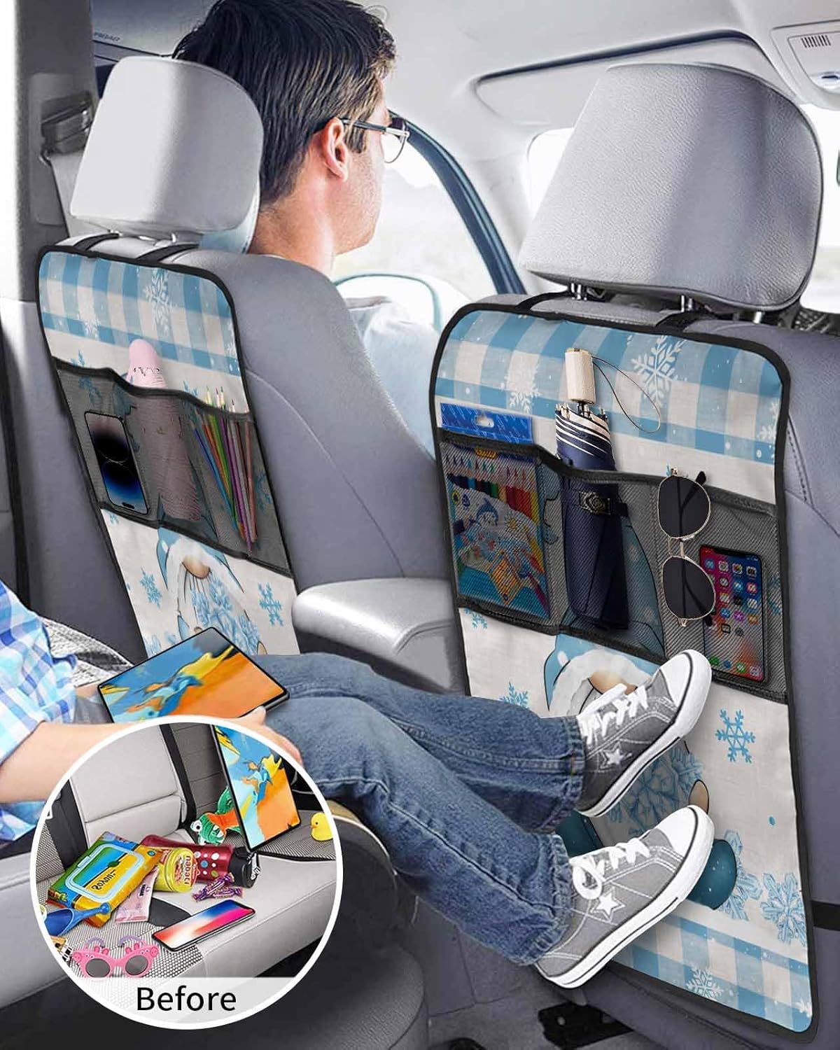 Car Seat Protector, 2 Pack Kick Mats with Organizer - 3 Pocket Storage, Christmas Gnome Snowflake Blue and White Buffalo Plaid Back Seat Cover for Kids Universal Fit Automotive Interior Protectors