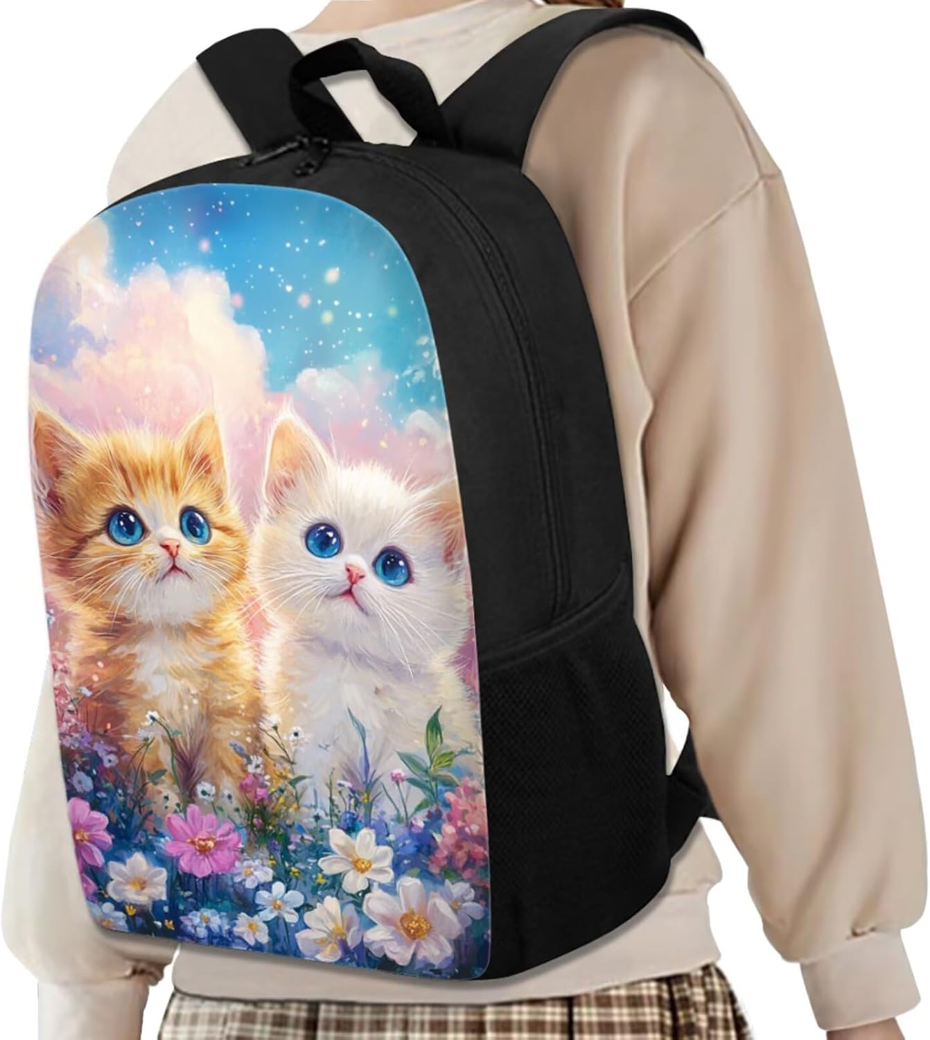 TODIYADDU Friendly Cat Backpack Set with Lunch Box, Fashion Keychain, and Pencil Case for Boys & Girls, 2Nd Grade Large Bag Elementary School Toddler Adjustable Bookbag,4-14Y Blue