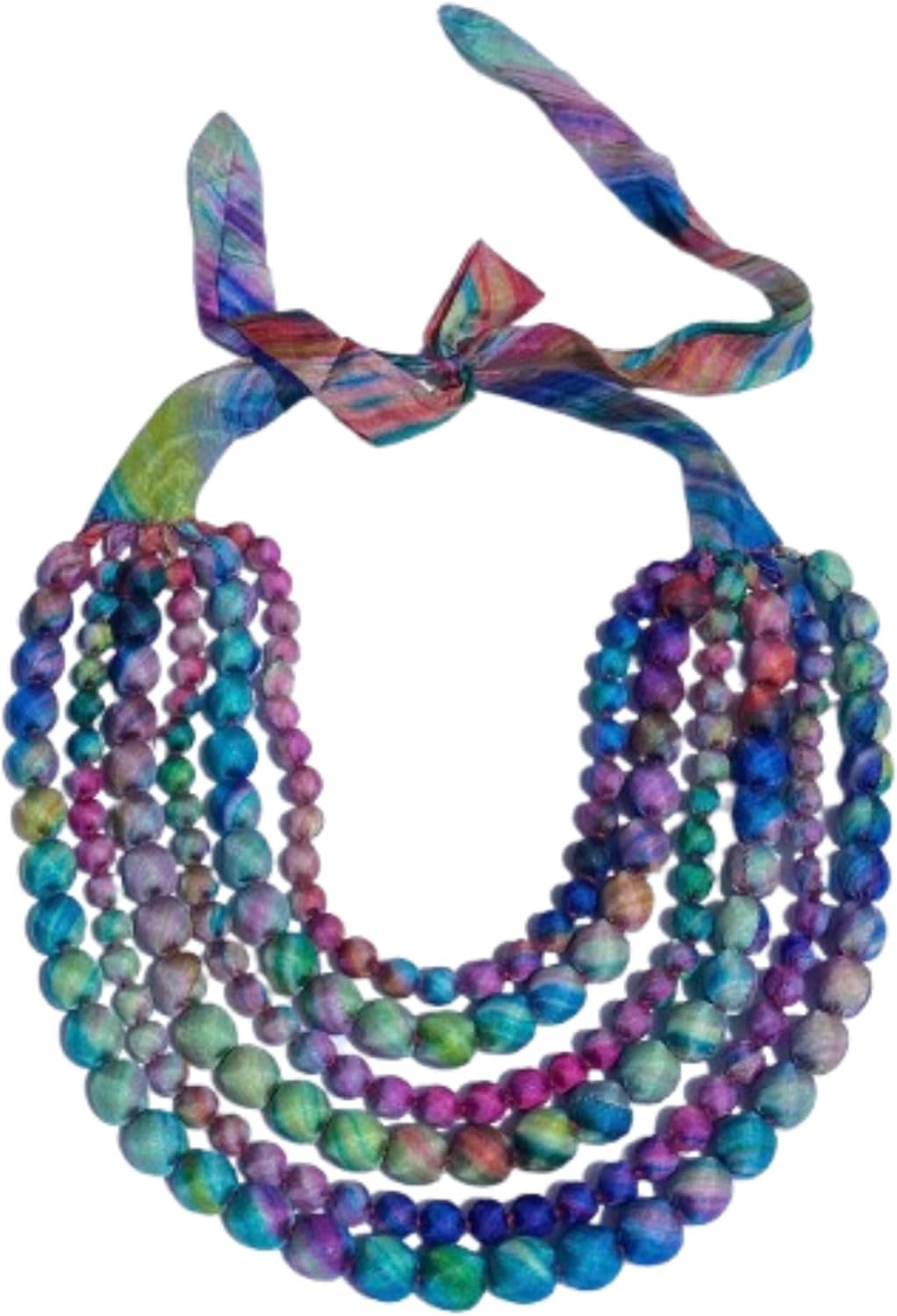 Multi-Strand Mixed Color Silk Beaded Necklace, Handmade Fabric Accessory for Women, Layered Beaded Necklace.