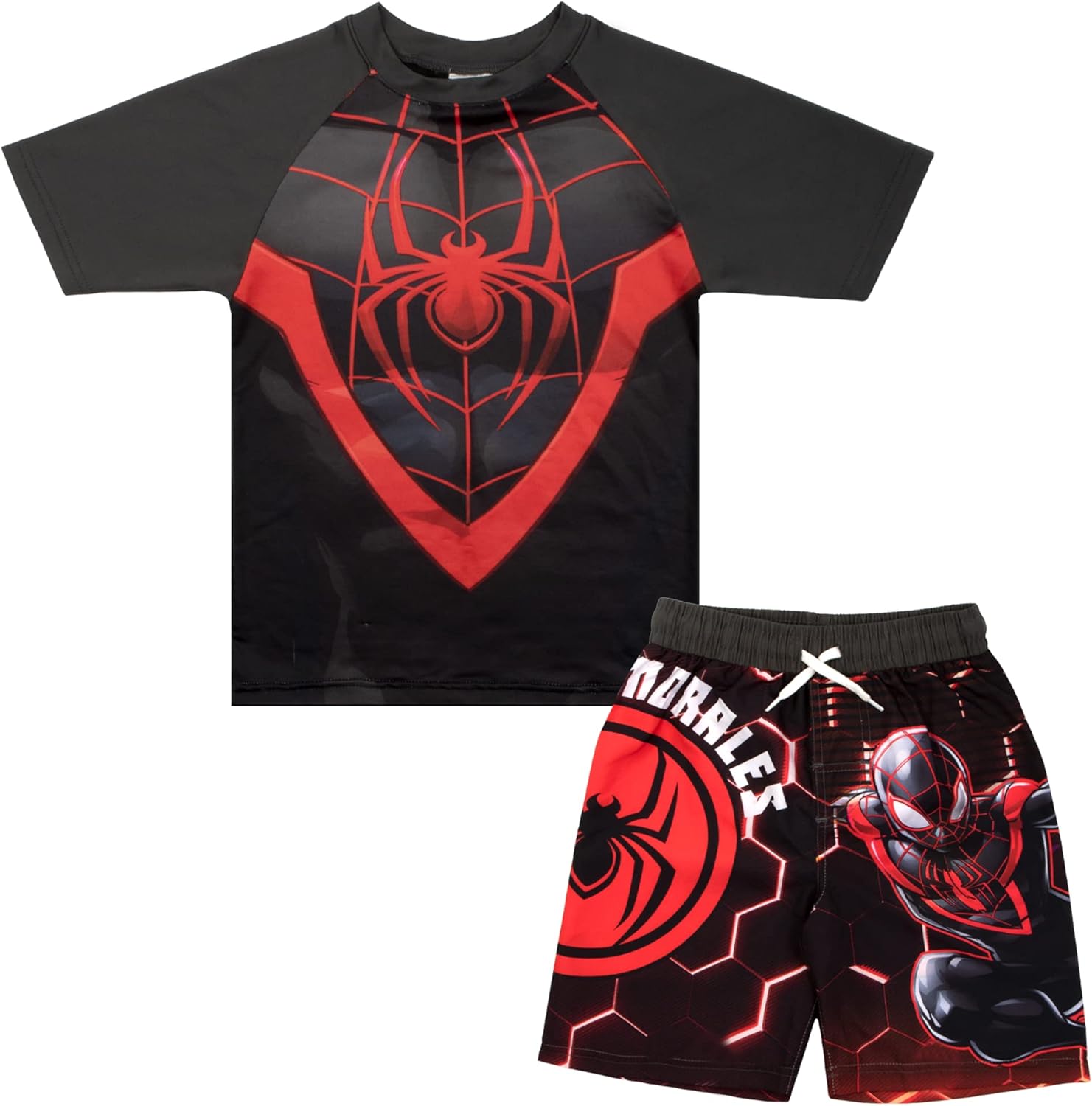 Marvel Boys Avengers Spiderman Black Panther Miles Morales 2-Piece Cosplay Swimsuit Set, Rash Guard & Swim Trunks for Boys