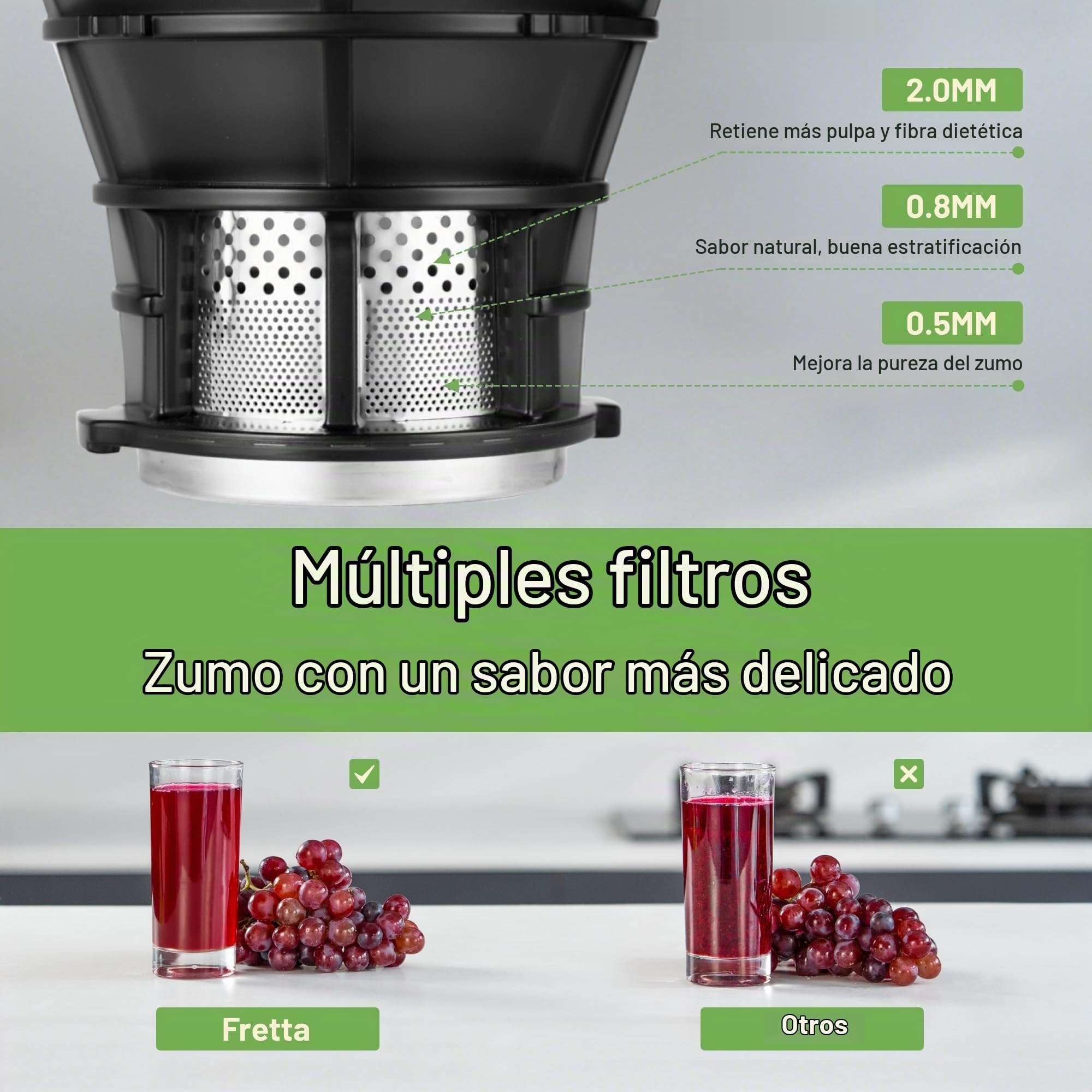 Fretta Extractor de Zumos para Reuniones Boca 5.3 Pulgadas Capacidad 1,8 L | Filtro triple para mayor rendimiento, admite frutas enteras, piezas desmontables, fácil de instalar y limpiar