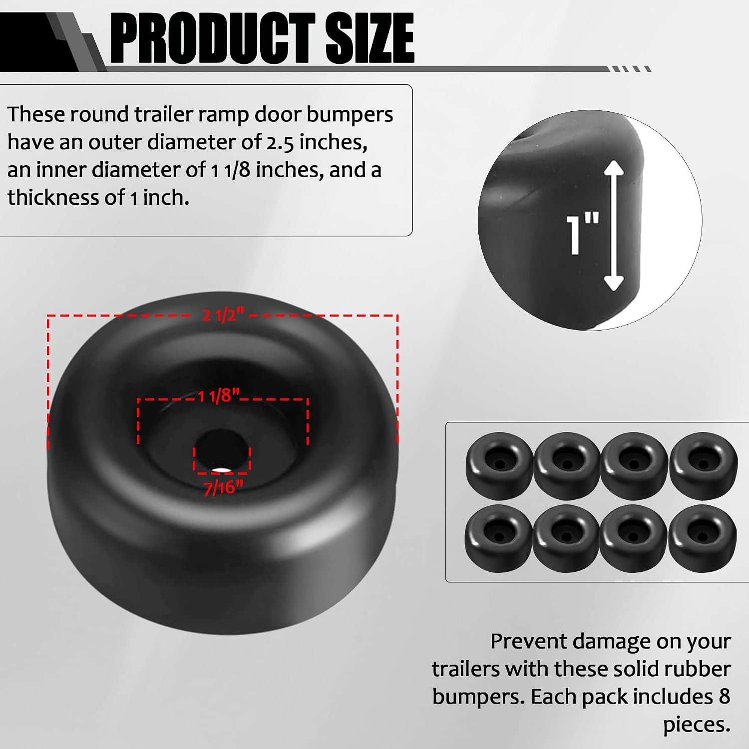 TonGass 1" Tall Trailer Ramp Door Bumpers Universal Fit Bumper with 7/16" Screw Holes Premium Thick Automotive-Grade Rubber Bumpers Round Rubber Bump Stops Suitable for Truck Tailgate (8-Pack)