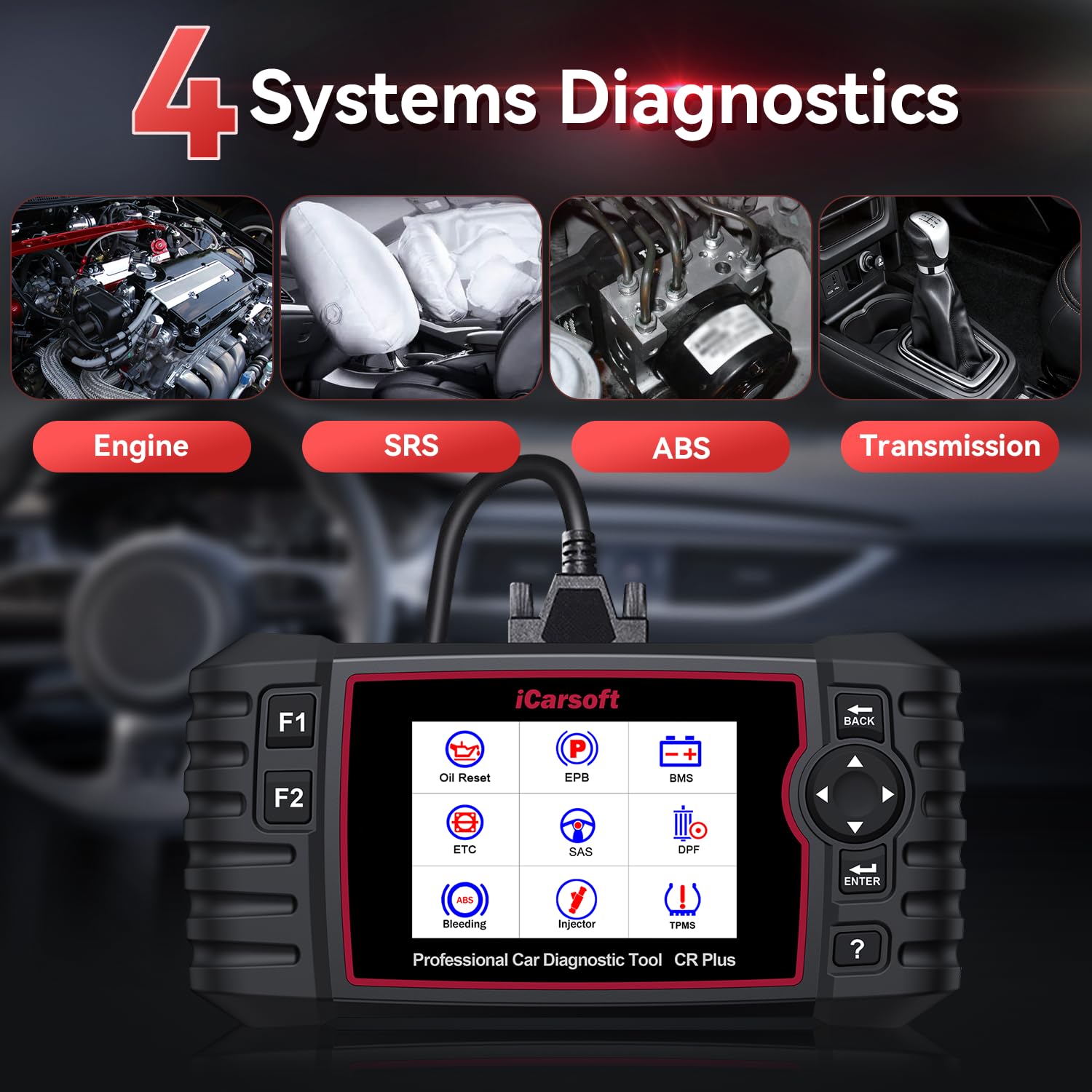 iCarsoft CR Plus OBD2 Scanner Diagnostic Tool, Code Reader for ABS Transmission Engine Airbag System. Car Scan Tool with EVAP and O2 Sensor Test,On-Board,Freeze Frame,Oil Reset-2025-Free Update