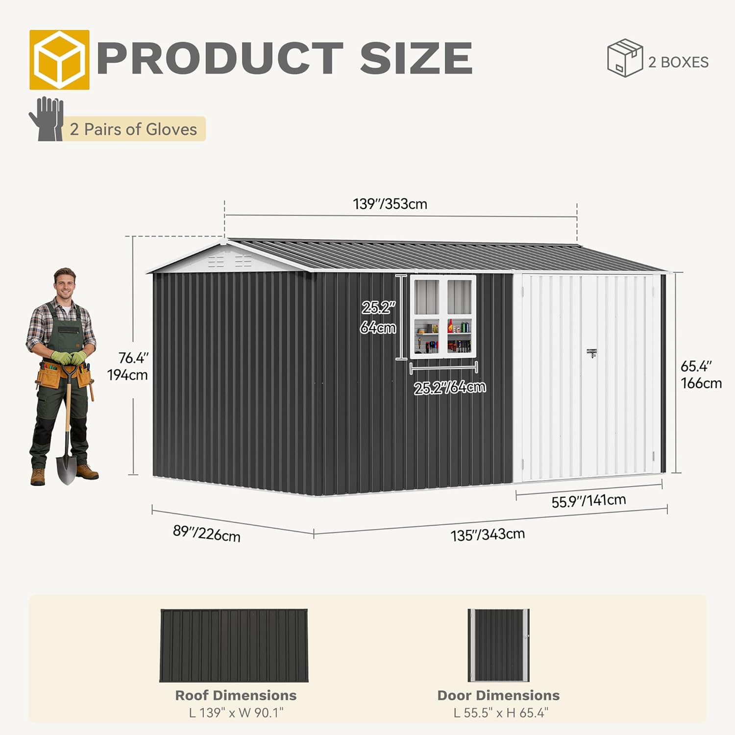 DWVO 12x8ft Large Tool Storage Shed with Window, Lockable Doors, and Sloped Roof, Oversized Steel Outdoor Storage Shed for Garden, Patio, Garage, Backyard, Lawn(Gray + White)