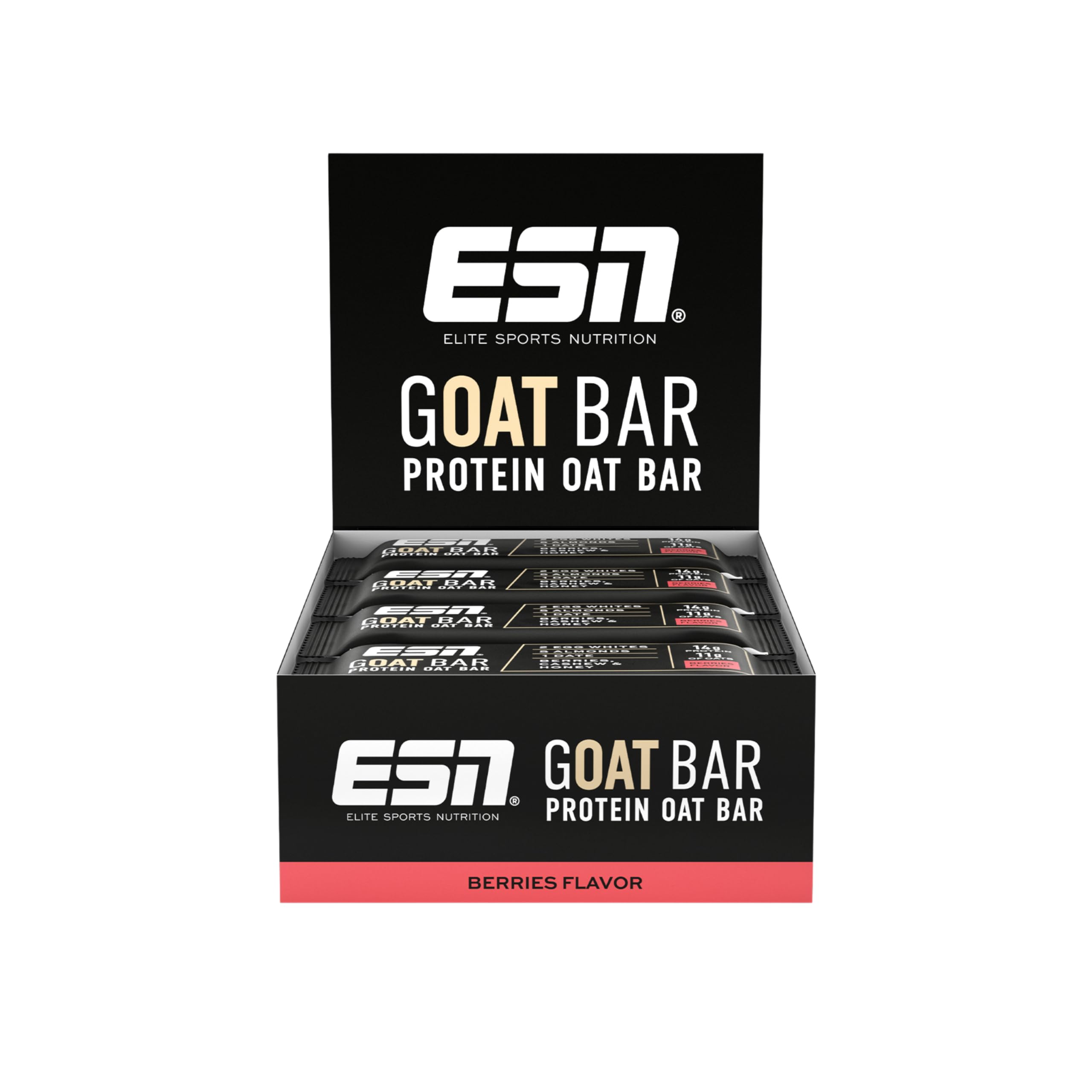 ESN GOAT Bar, Berries, 12 x 55 g, Protein Oat Bar, Powersnack mit hohem Ballaststoffgehalt, 14g Protein & 11g Oats gesüßt mit Datteln und Honig