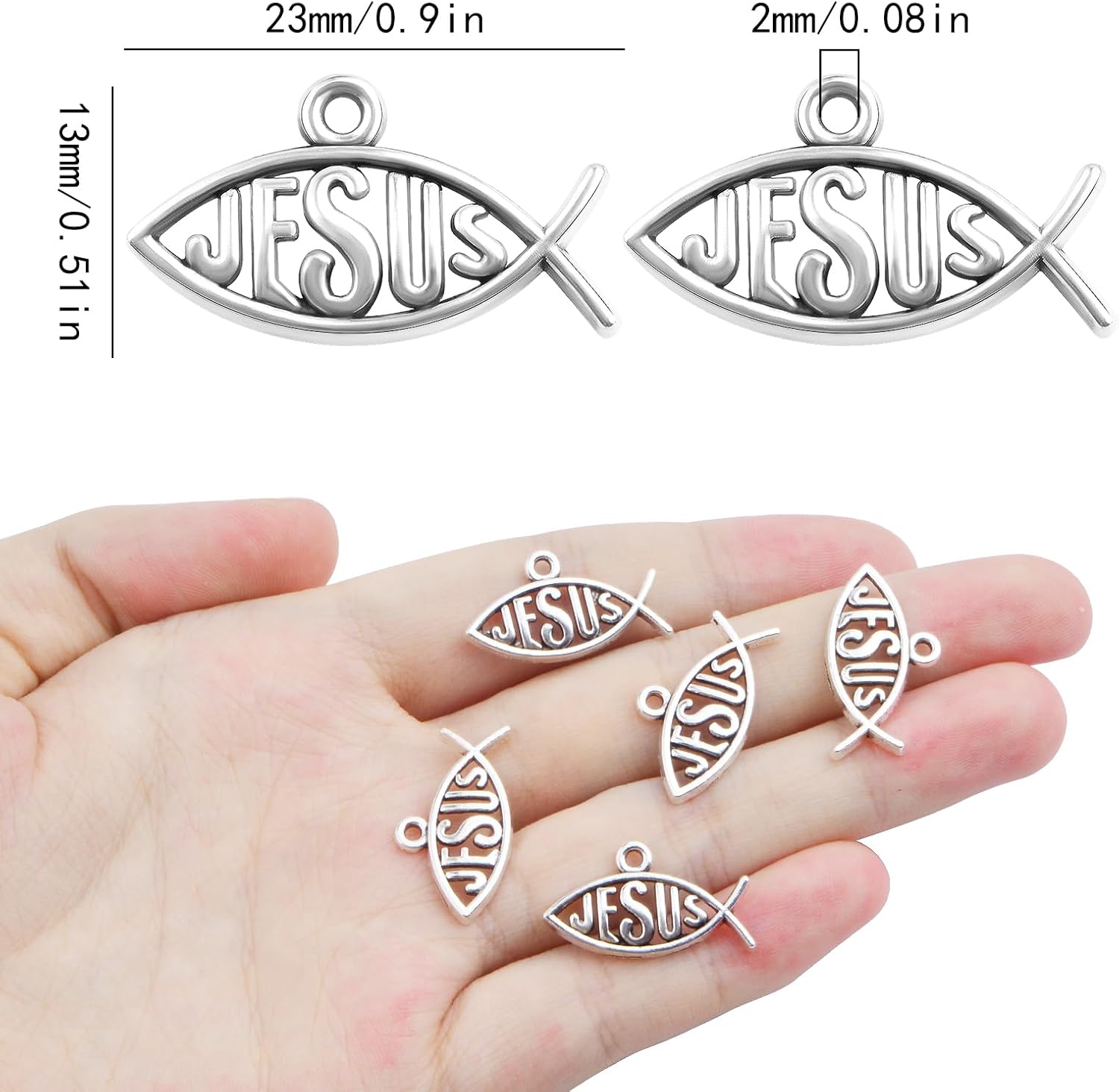 100pcs Antique Silver Jesus Fish Charms Tibetan Alloy Christian Fish Shaped Pendants Vintage Jesus Religious Dangle Charms for DIY Bracelet Necklace Jewelry Making Supplies - Image 3