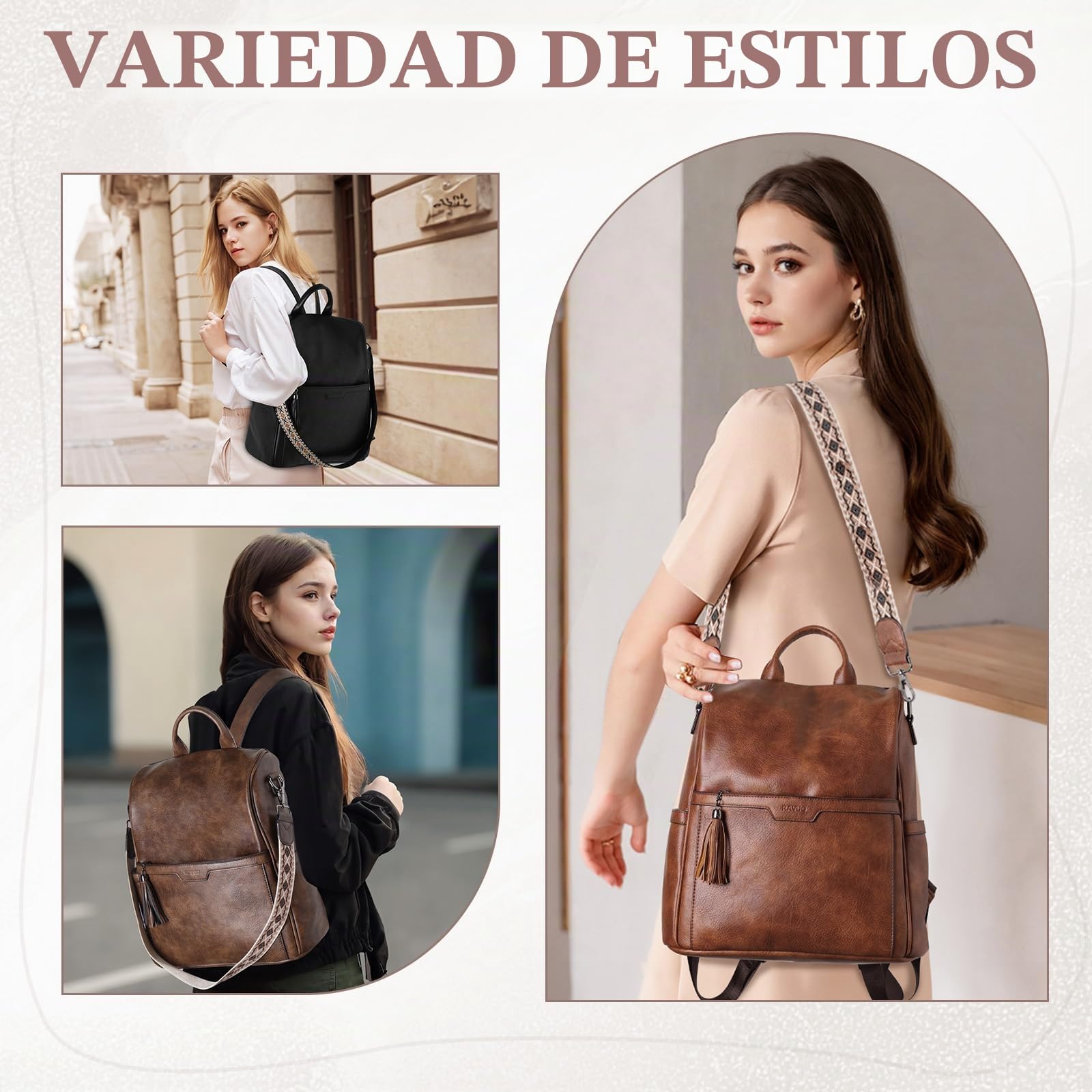 RAVUO Bolso Mochila Mujer, Mochilas Antirrobo de Cuero PU Impermeable 2pcs Set Bolsa de Mano Mochilas Casual para Escuela Viaje Compras,Nergo