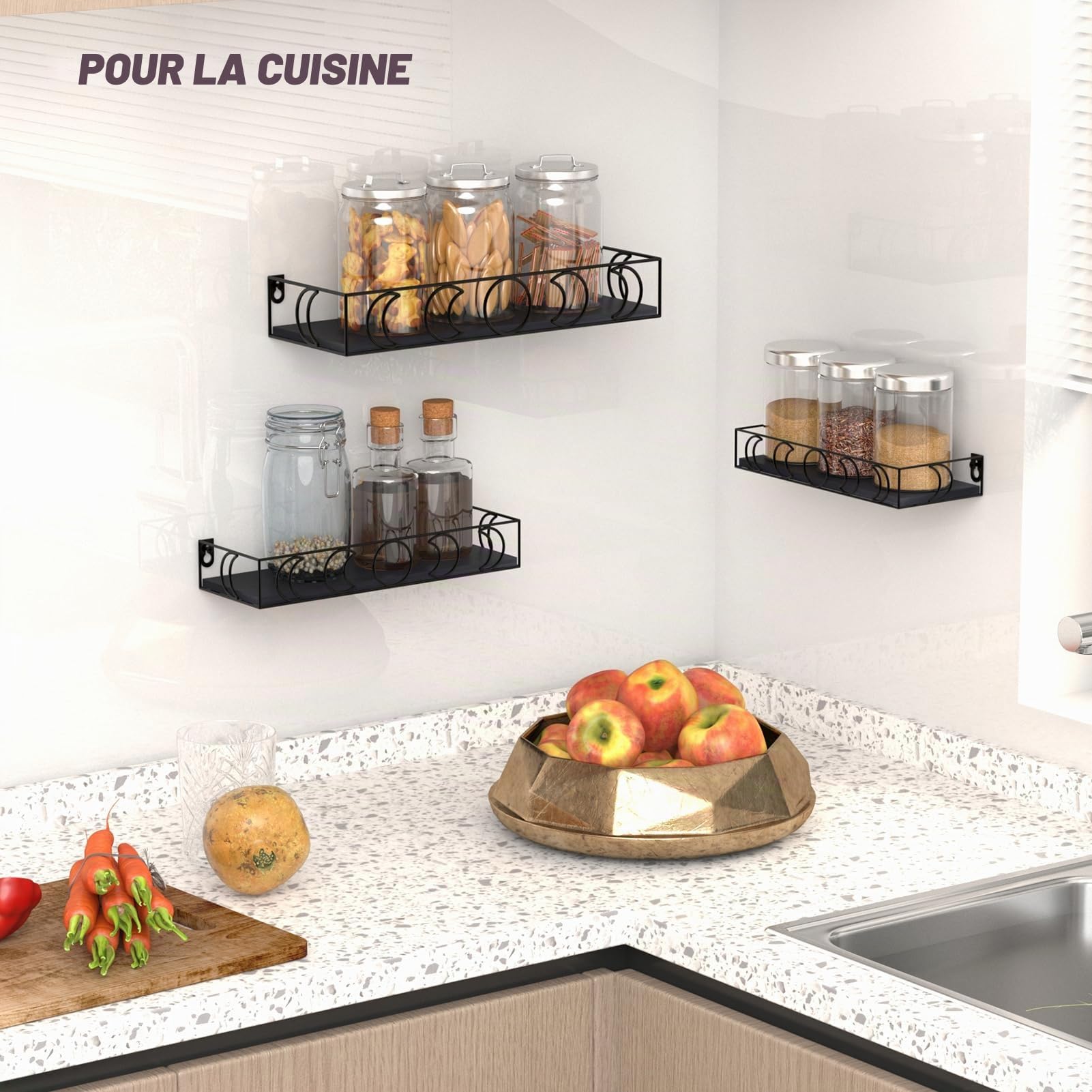 EYMPEU Étagère Murale en Bois et Métal à Motifs Lunaires, Lot de 3 Étagères Murales Noires pour La Cuisine, La Salle de Bains, Le Bureau, Le Salon