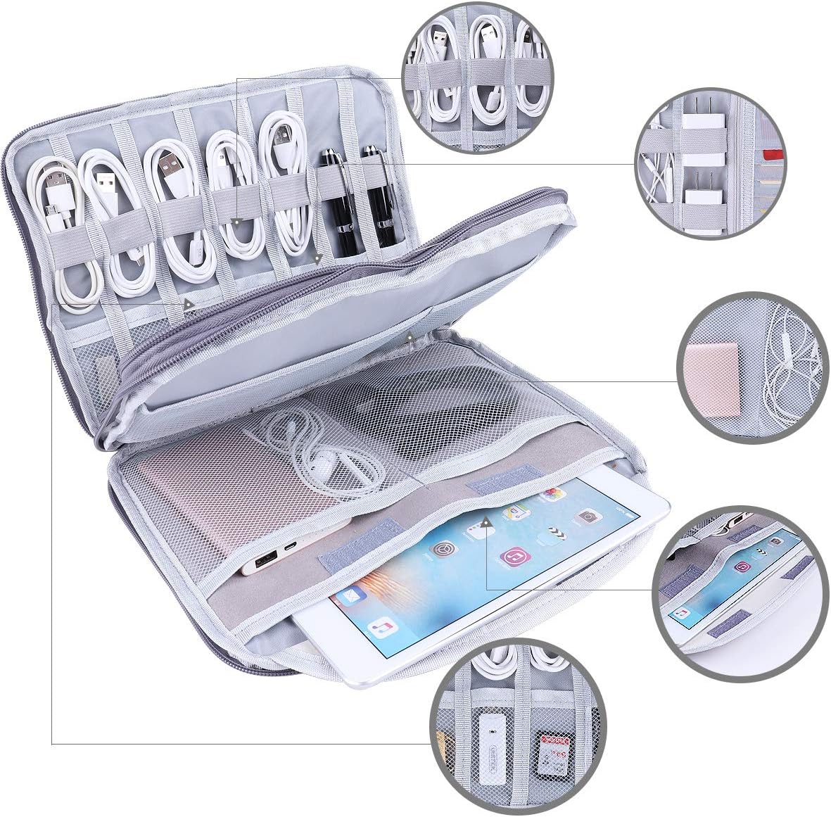 Universal Electronics Accessories Organizer, Waterproof Portable Cable Organizer Bag,Travel Gear Carry Bag for Cables (L, Black) (Grey, L)