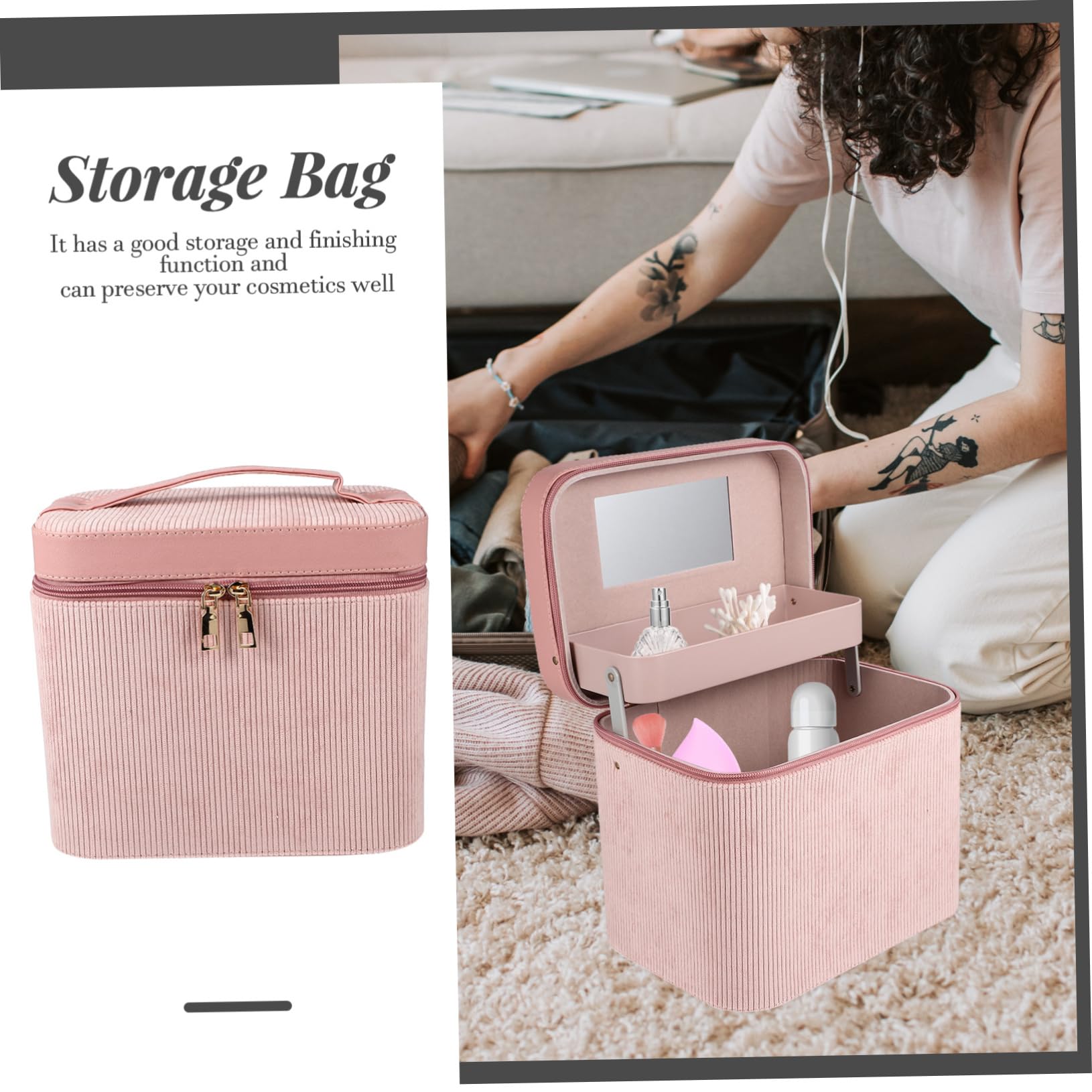 Mikinona Tragbarer Kulturbeutel Hartschale mit Spiegel Zweilagige Kosmetikaufbewahrungstasche aus Corduroy für Damen als Make Up Kasten und Reise Make Up Tasche