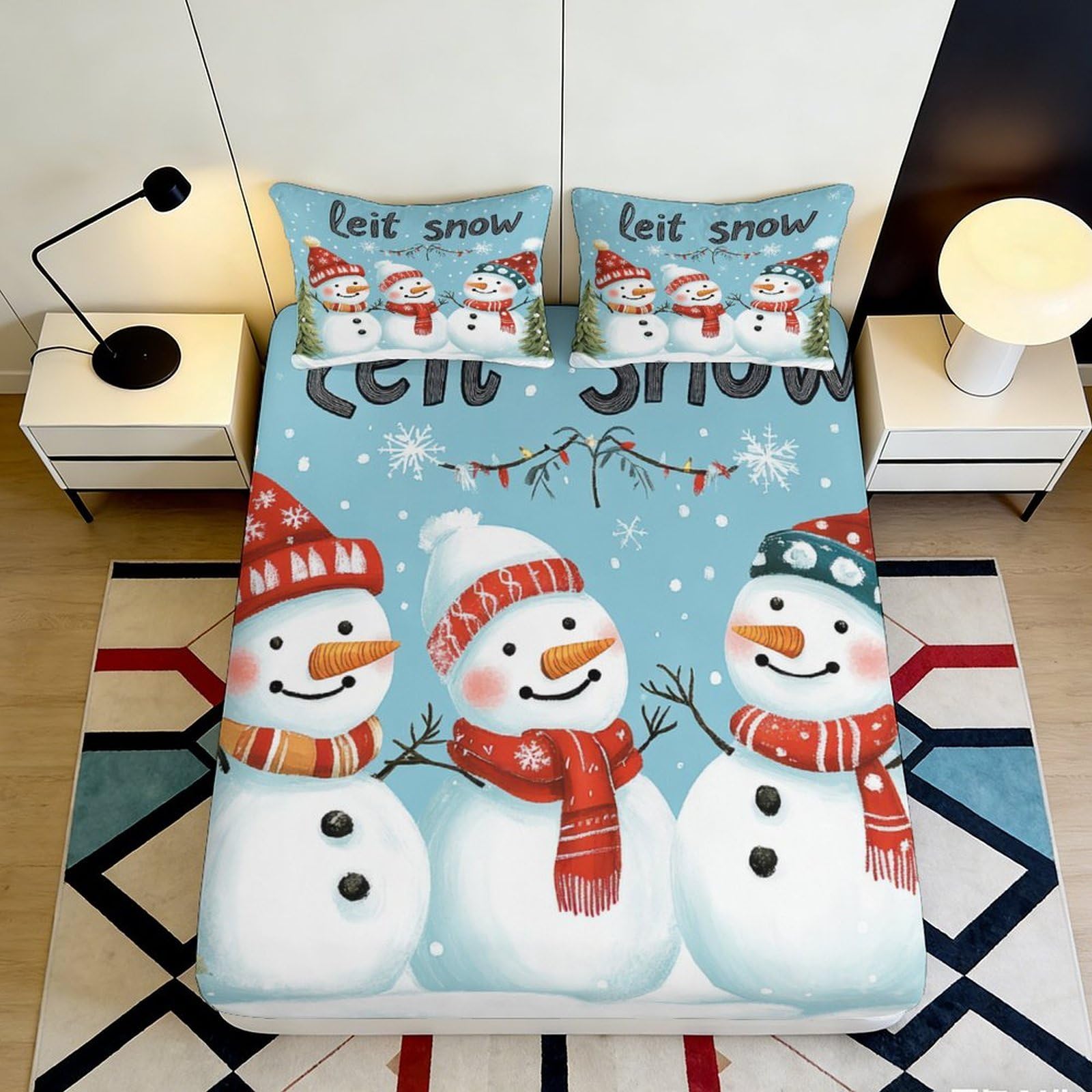 3D Printed Snowman Christmas Fitted Sheet Microfiber Winter Cartoon Mattress Cover, Non-slip, Machine Washable, Bedroom Decor 160x200x25cm