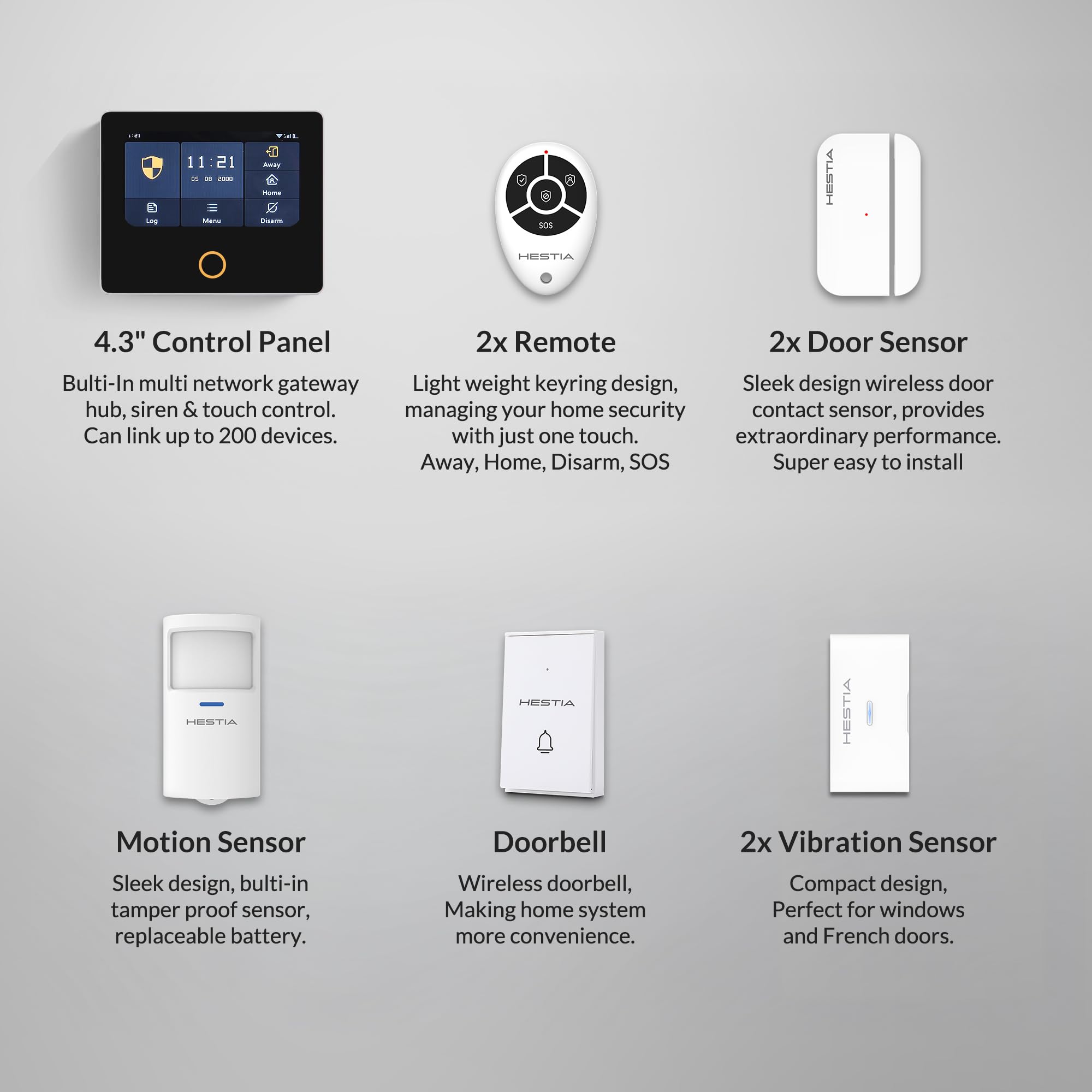 HESTIA Kit di sicurezza domestica intelligente HD da 4,3 pollici, sistema di allarme wireless senza canone mensile, kit di sicurezza per la casa touch screen con sensore di movimento PIR, sensore per