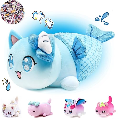 KOWSi Peluche de gato sirena de 11 pulgadas - Serie de peluche de gato Meemeows - Almohada de peluche de anime 100 poliéster - Costuras bordadas -
